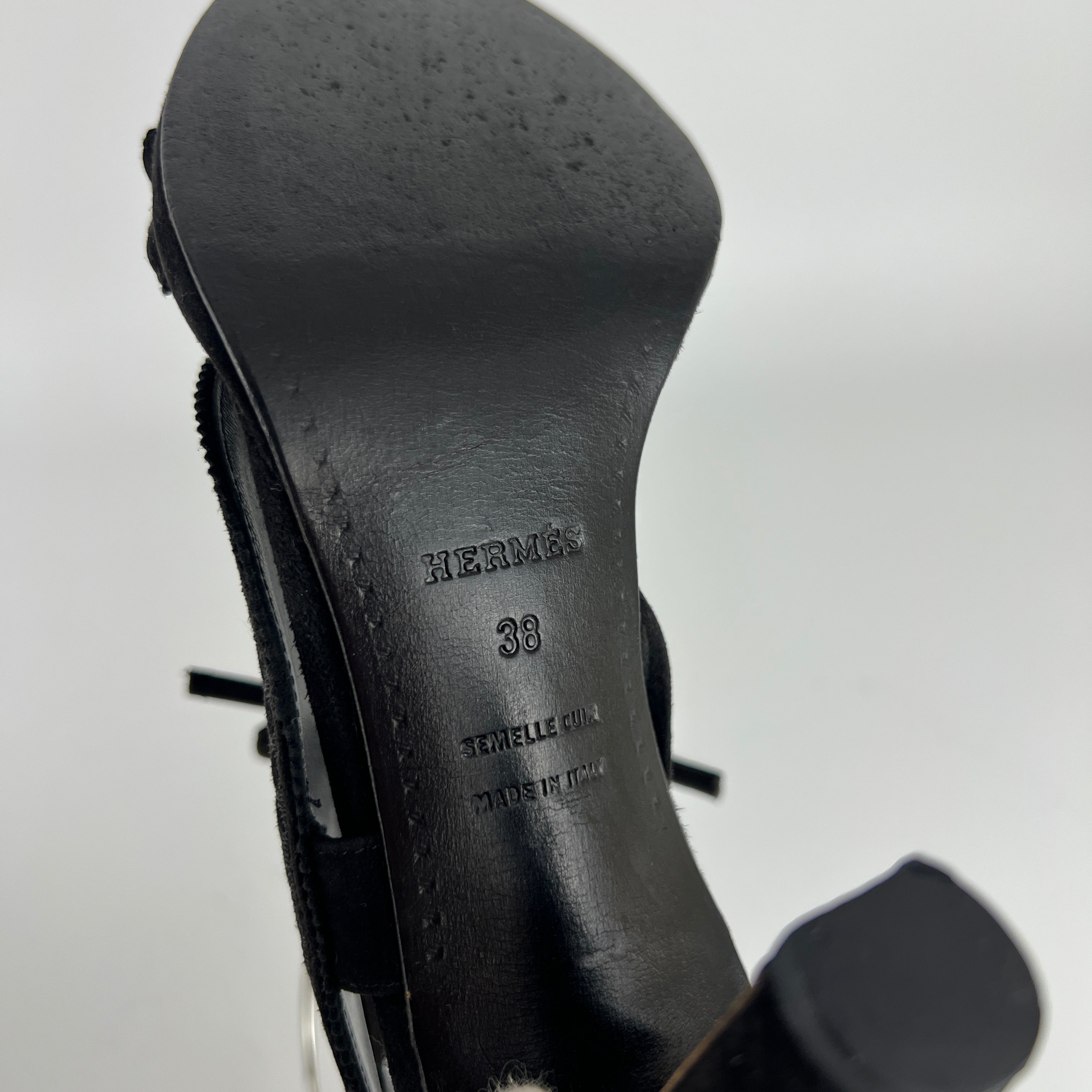 Hermes | Black Suede Leather Paisley Lace Up Sandal Heels (38)