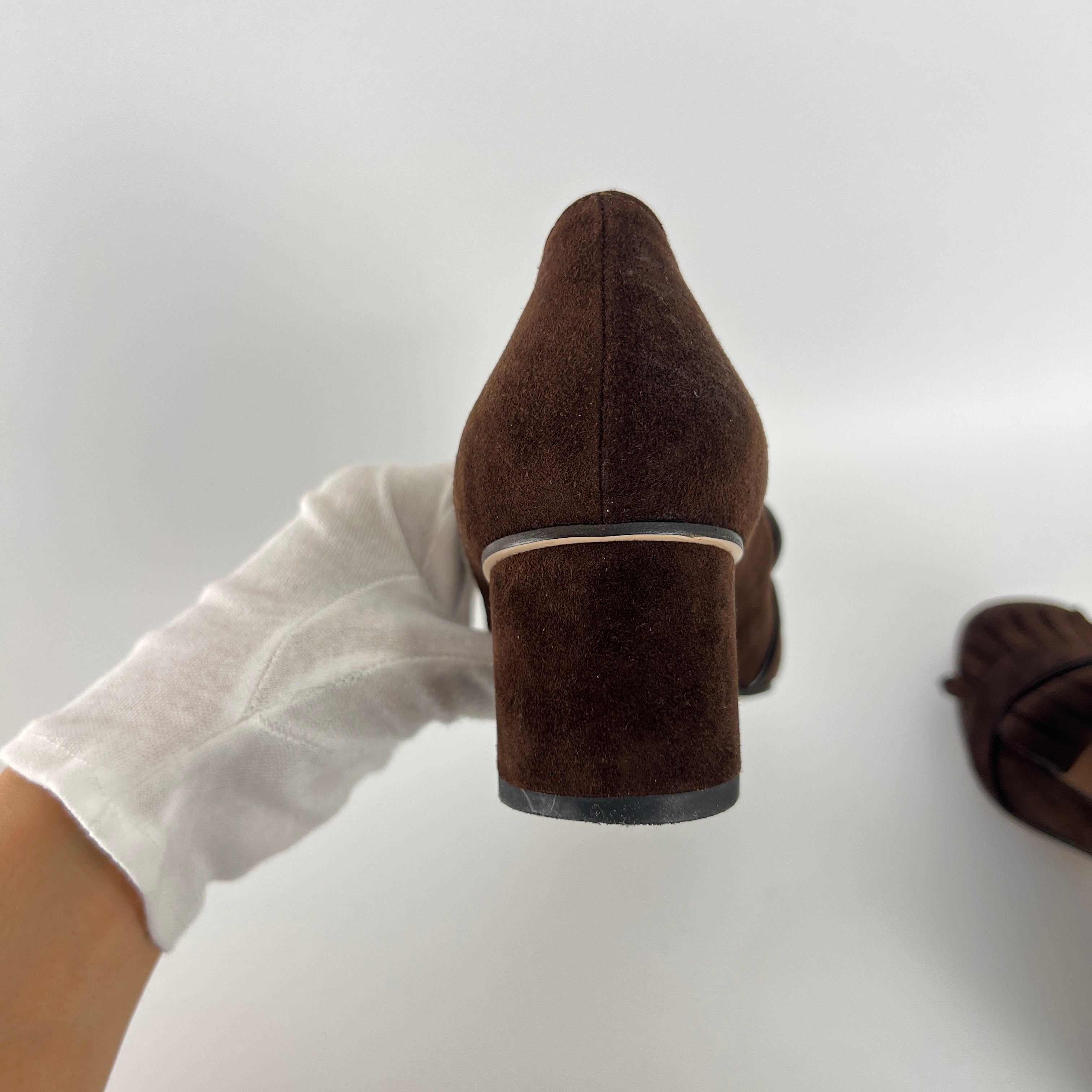 Gucci | Brown Marmont Suede Leather GG Logo Fringe Loafer Block Heel (35.5)
