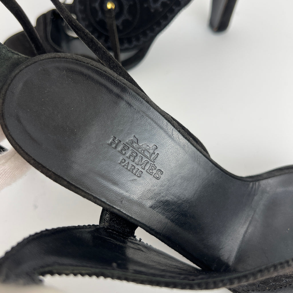 Hermes | Black Suede Leather Paisley Lace Up Sandal Heels (38)