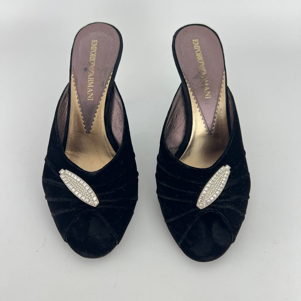 Armani | Black Velvet Crystal Brooch Slide Mules (39)