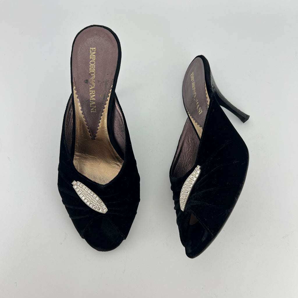 Armani | Black Velvet Crystal Brooch Slide Mules (39)