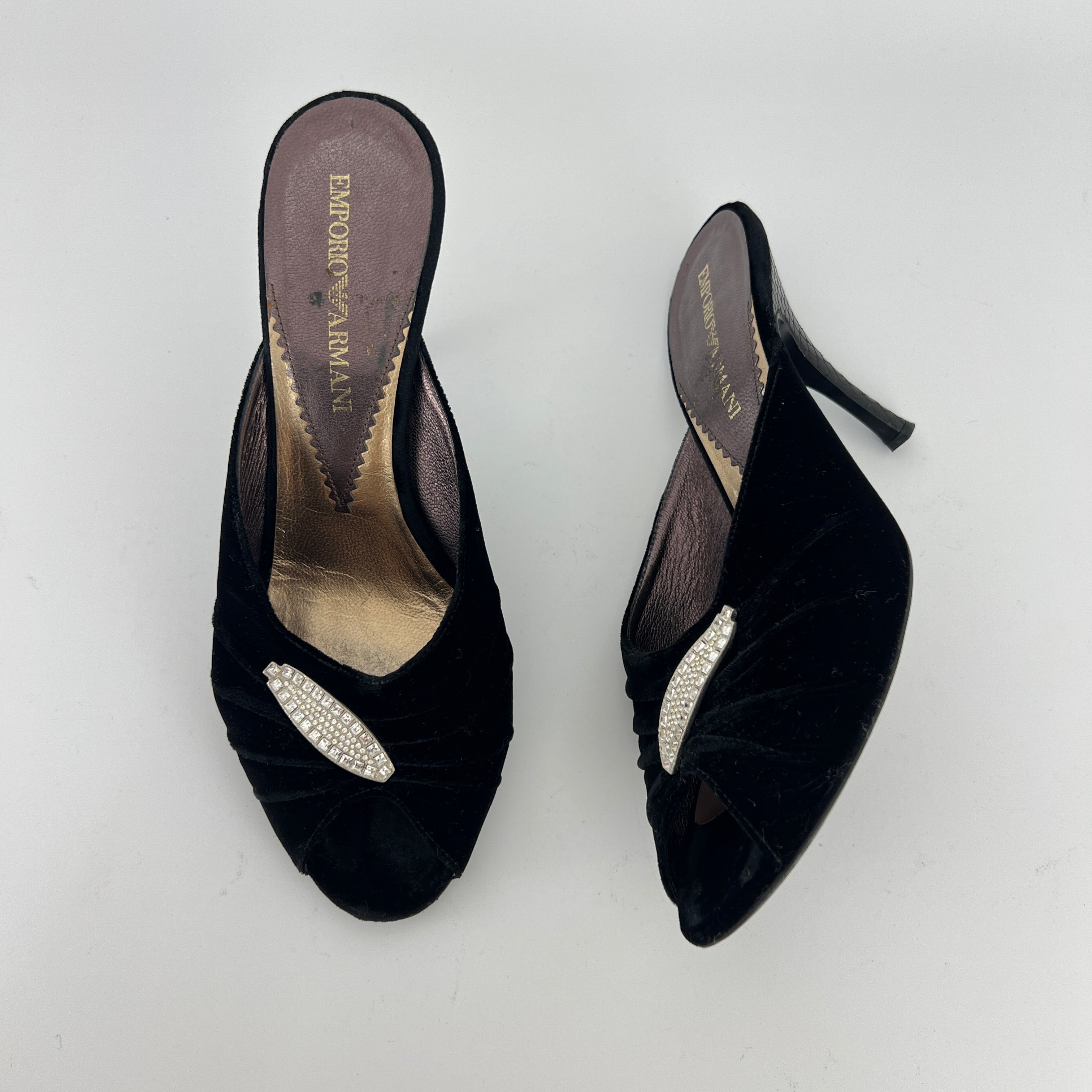 Armani | Black Velvet Crystal Brooch Slide Mules (39)