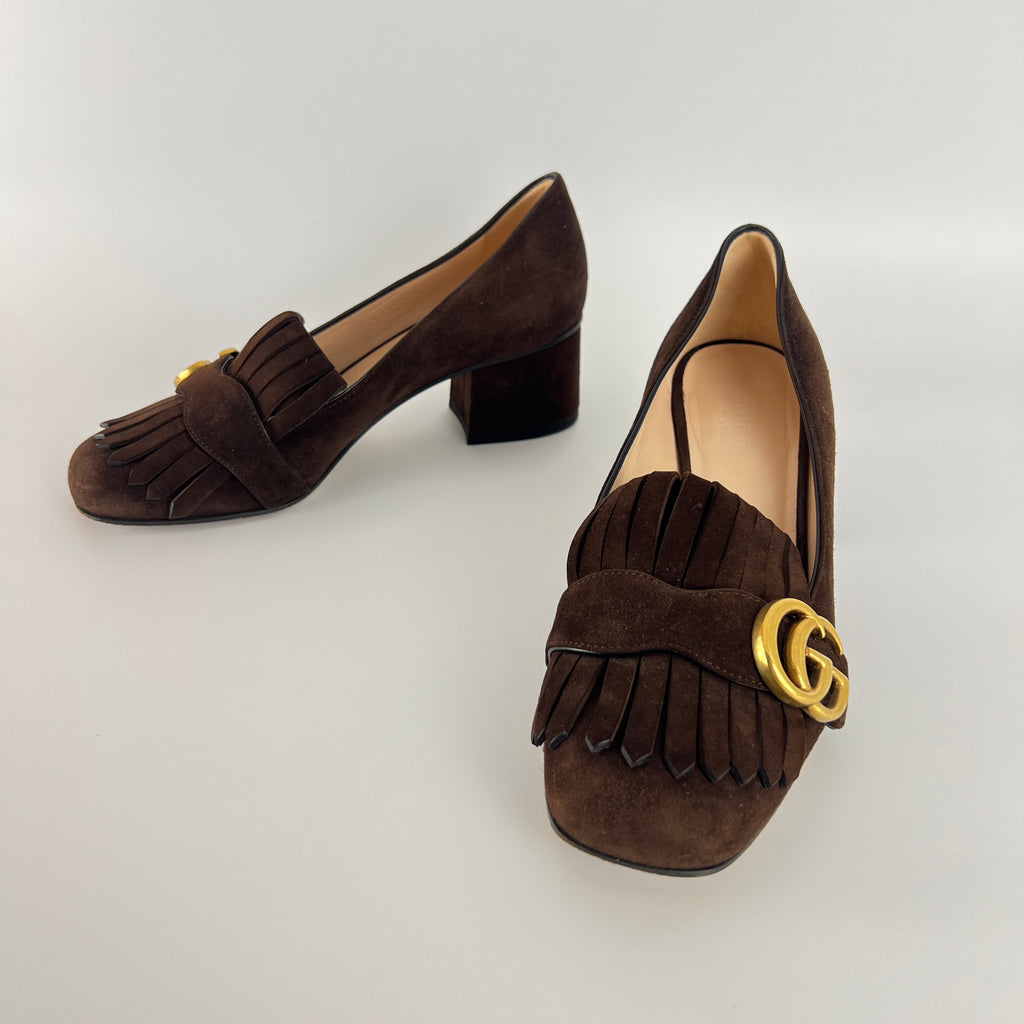 Gucci | Brown Marmont Suede Leather GG Logo Fringe Loafer Block Heel (35.5)