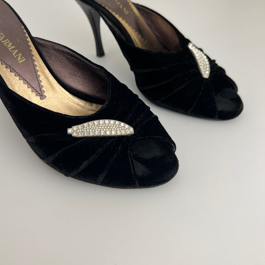 Armani | Black Velvet Crystal Brooch Slide Mules (39)