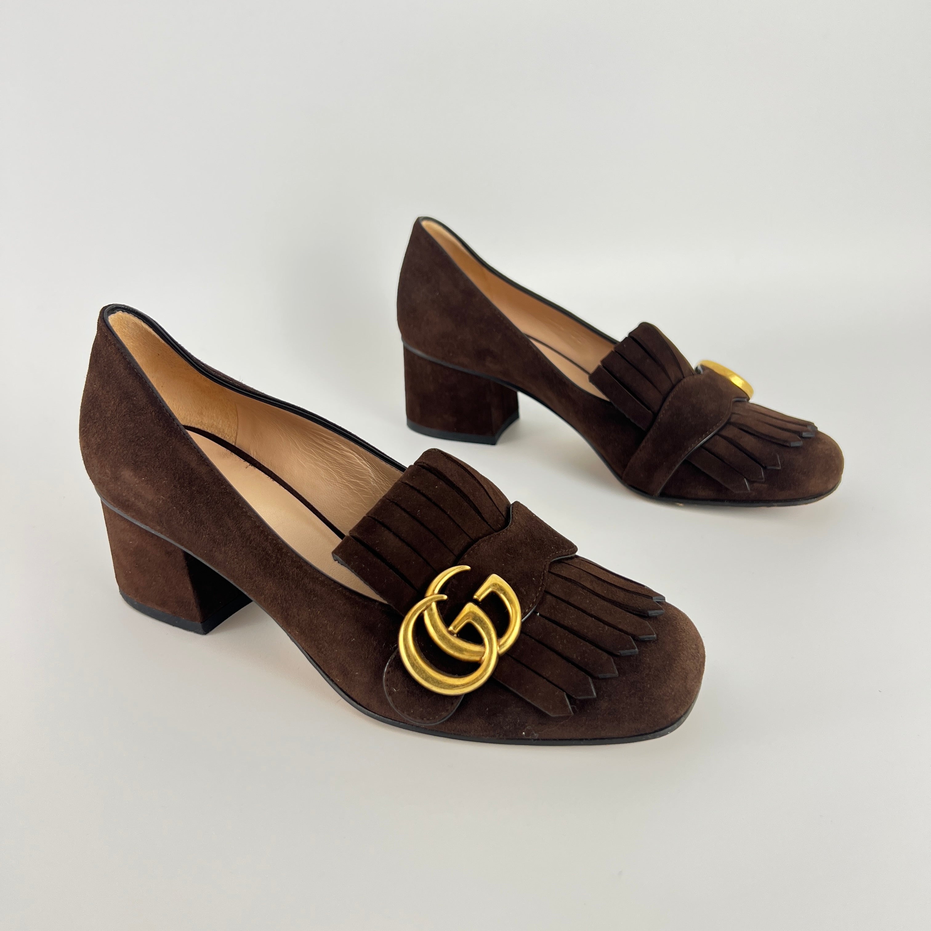 Gucci | Brown Marmont Suede Leather GG Logo Fringe Loafer Block Heel (35.5)