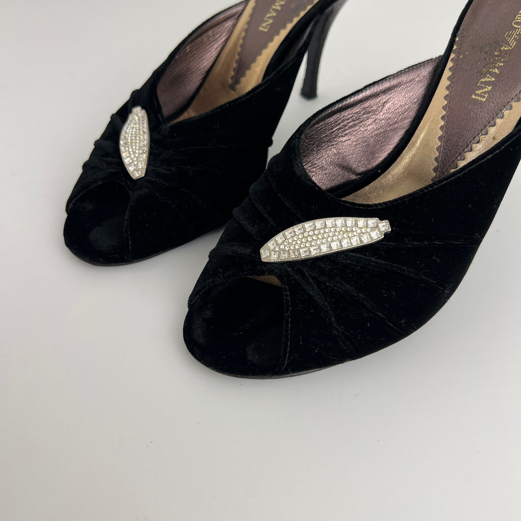 Armani | Black Velvet Crystal Brooch Slide Mules (39)