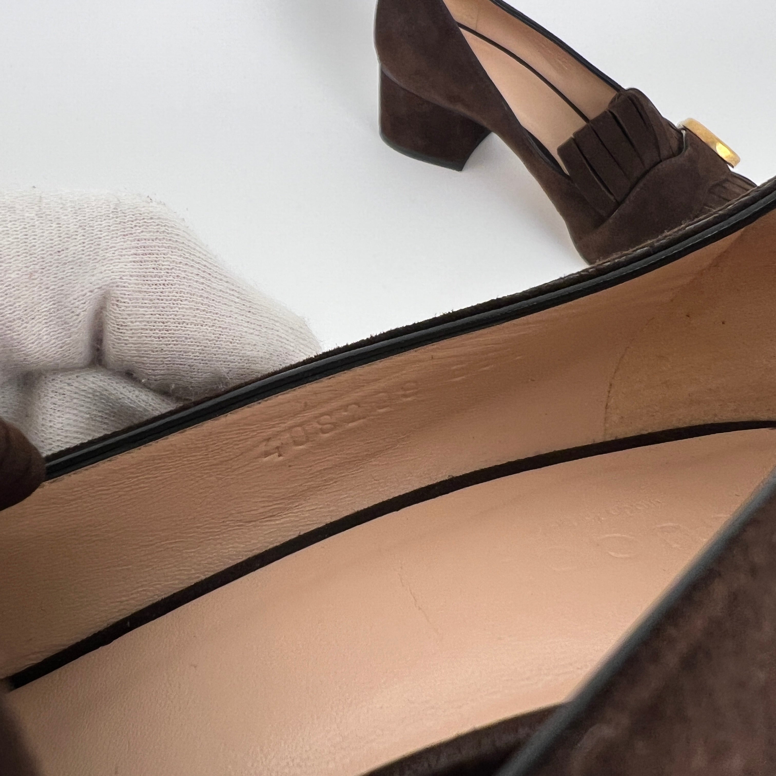 Gucci | Brown Marmont Suede Leather GG Logo Fringe Loafer Block Heel (35.5)