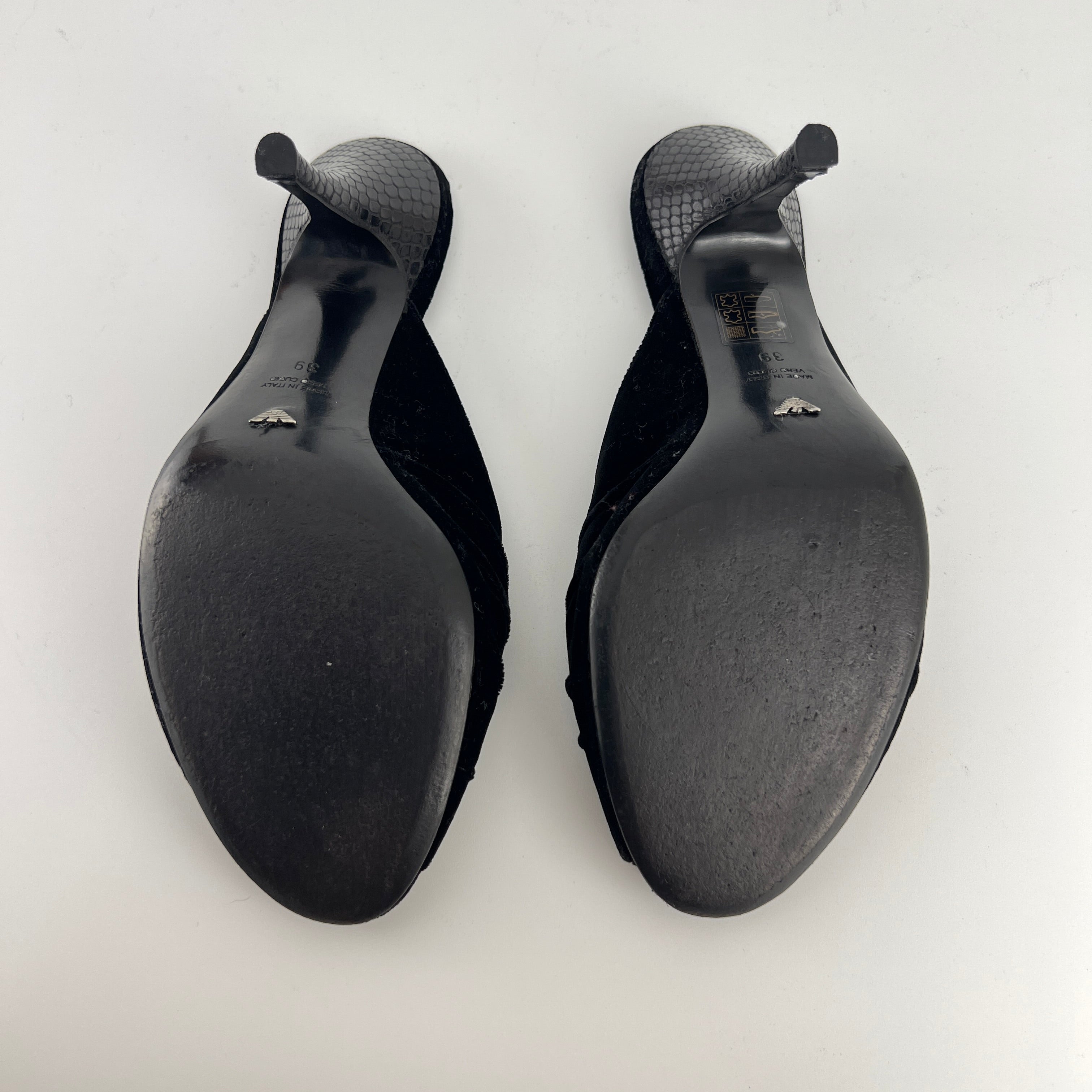 Armani | Black Velvet Crystal Brooch Slide Mules (39)