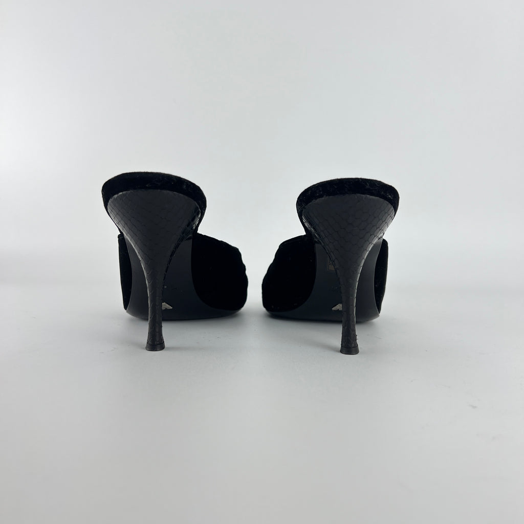 Armani | Black Velvet Crystal Brooch Slide Mules (39)