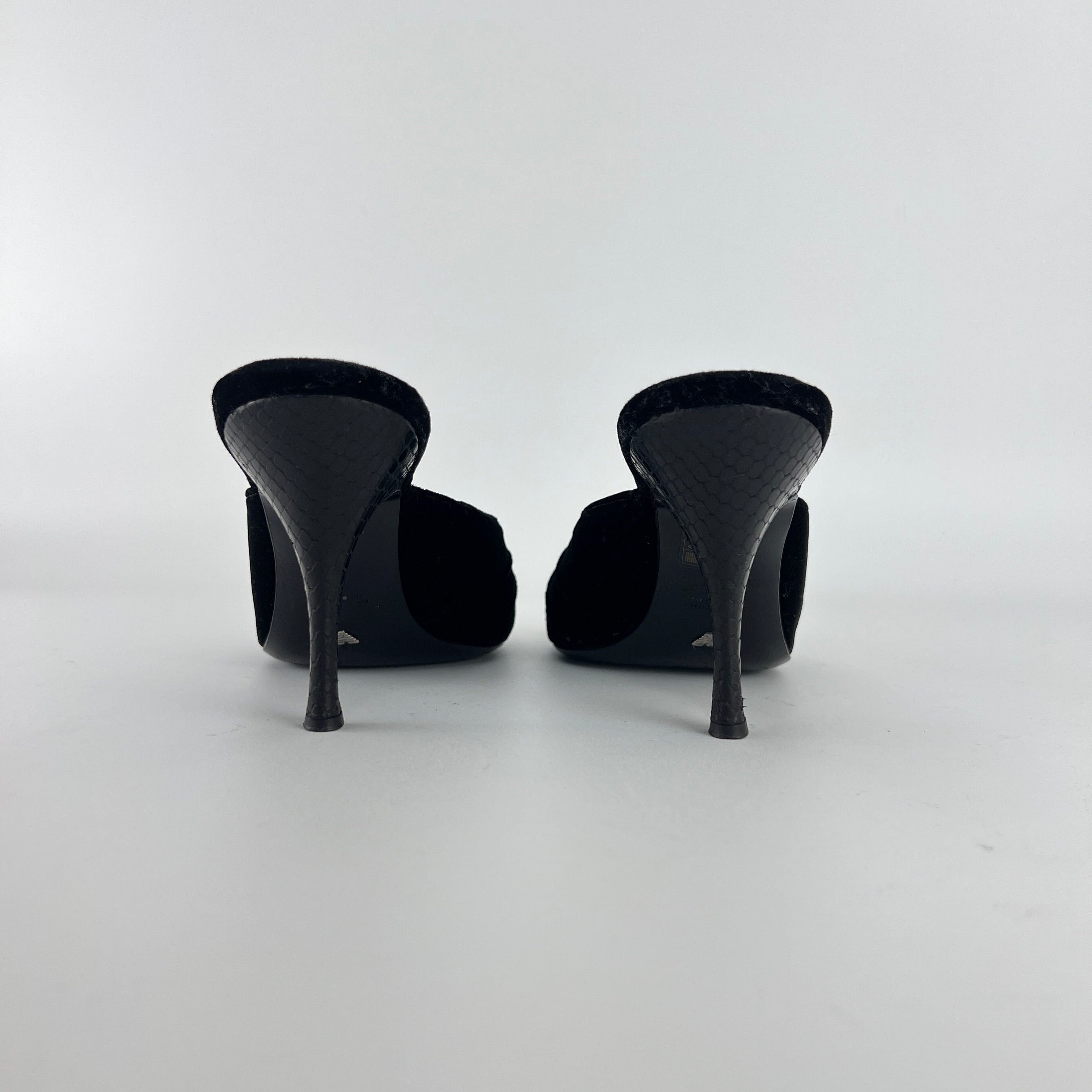 Armani | Black Velvet Crystal Brooch Slide Mules (39)