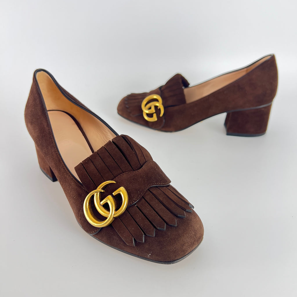 Gucci | Brown Marmont Suede Leather GG Logo Fringe Loafer Block Heel (35.5)