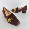 Gucci | Brown Marmont Suede Leather GG Logo Fringe Loafer Block Heel (35.5)