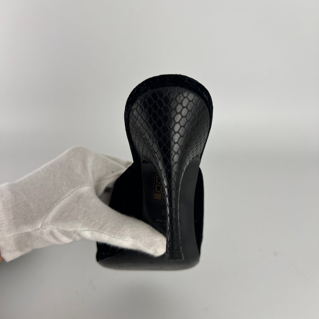 Armani | Black Velvet Crystal Brooch Slide Mules (39)