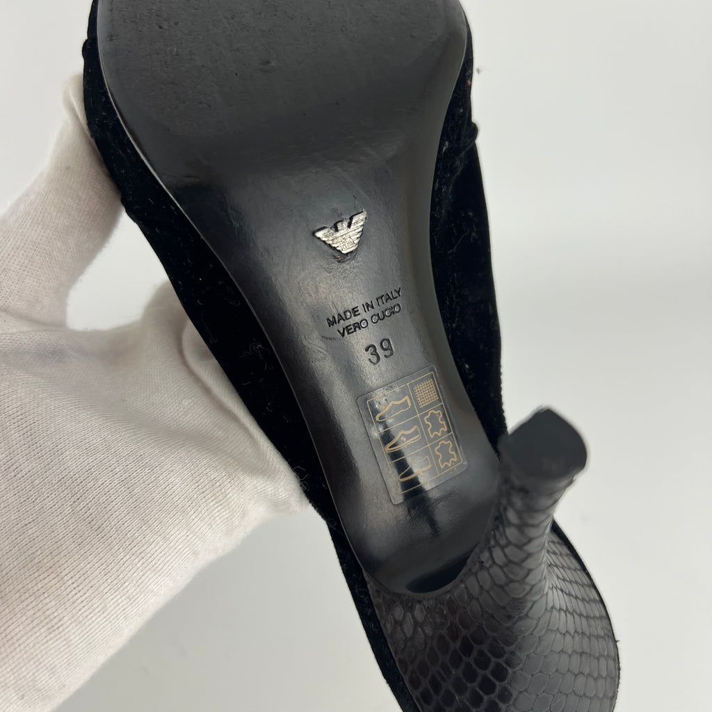 Armani | Black Velvet Crystal Brooch Slide Mules (39)