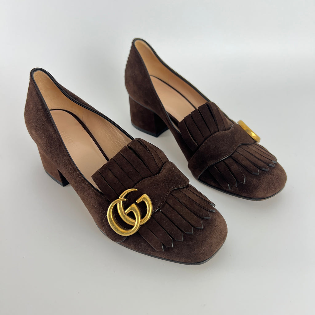 Gucci | Brown Marmont Suede Leather GG Logo Fringe Loafer Block Heel (35.5)