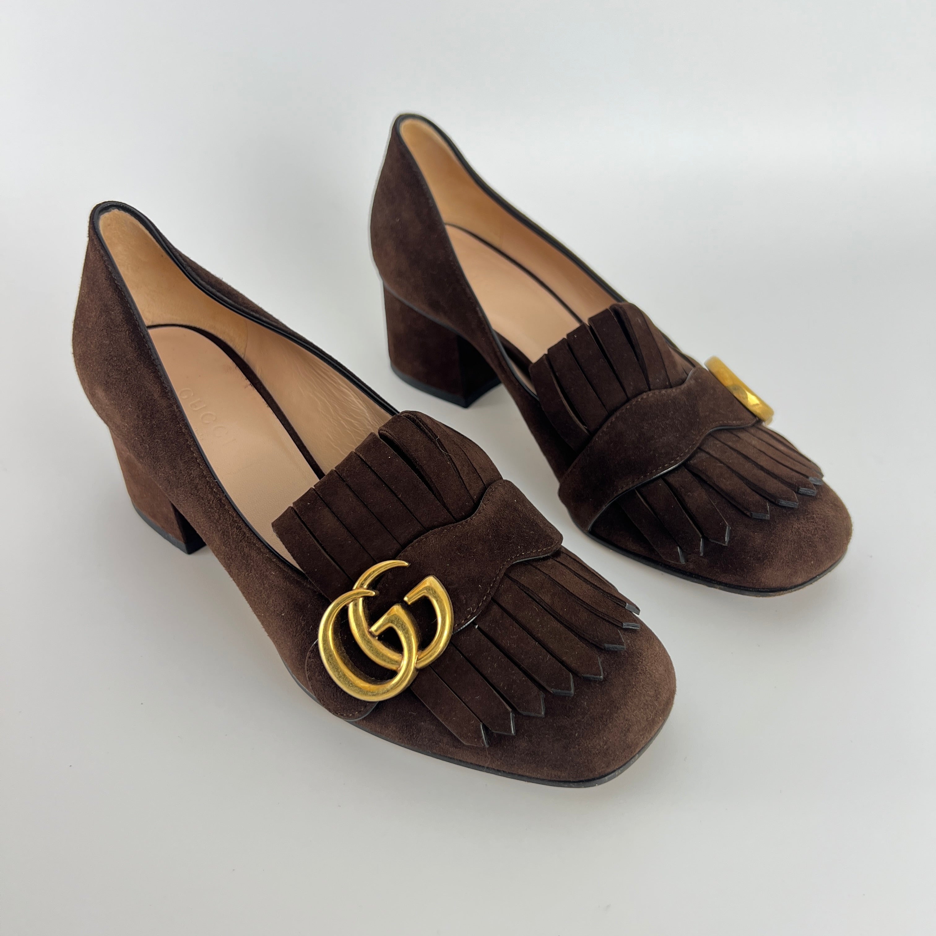 Gucci | Brown Marmont Suede Leather GG Logo Fringe Loafer Block Heel (35.5)