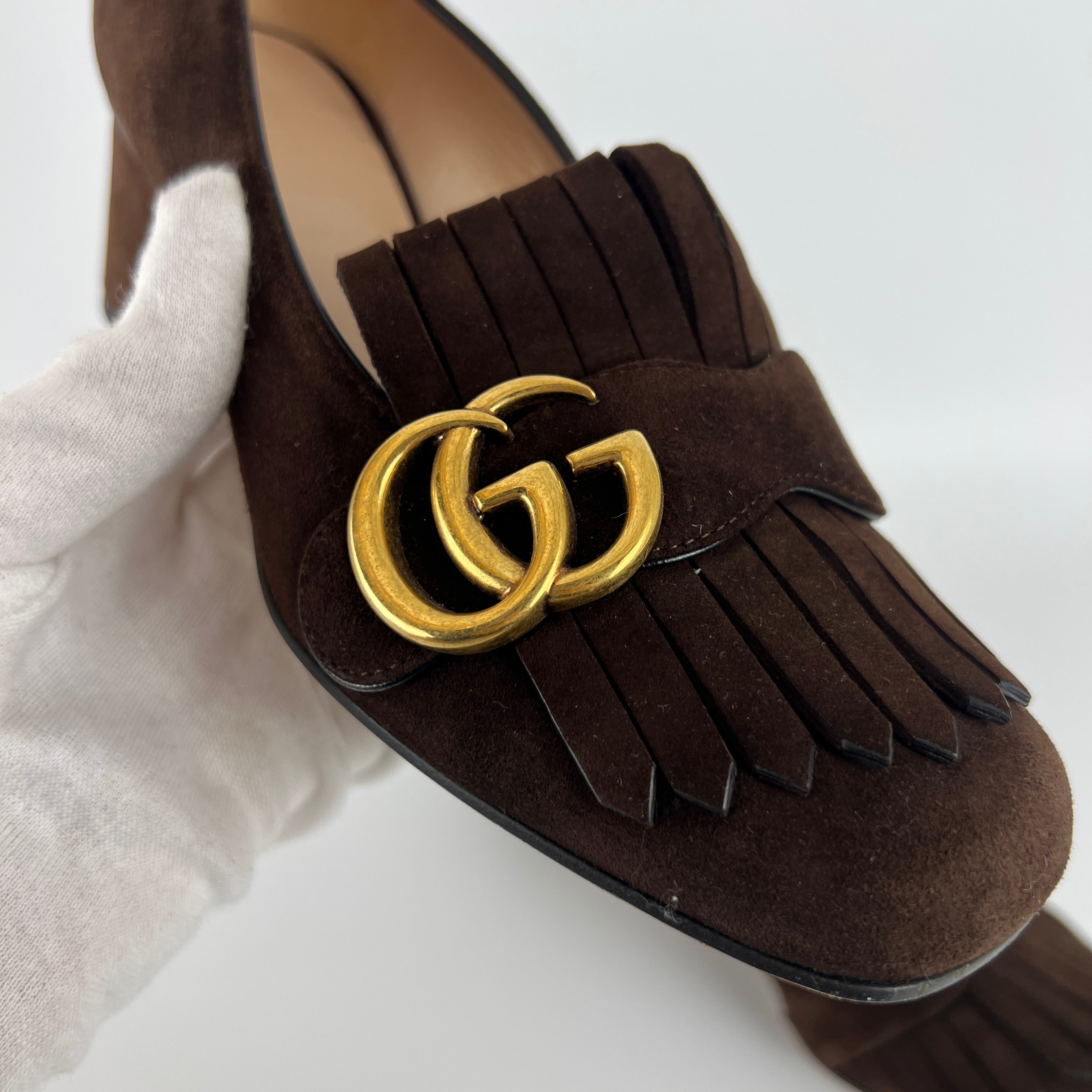 Gucci | Brown Marmont Suede Leather GG Logo Fringe Loafer Block Heel (35.5)