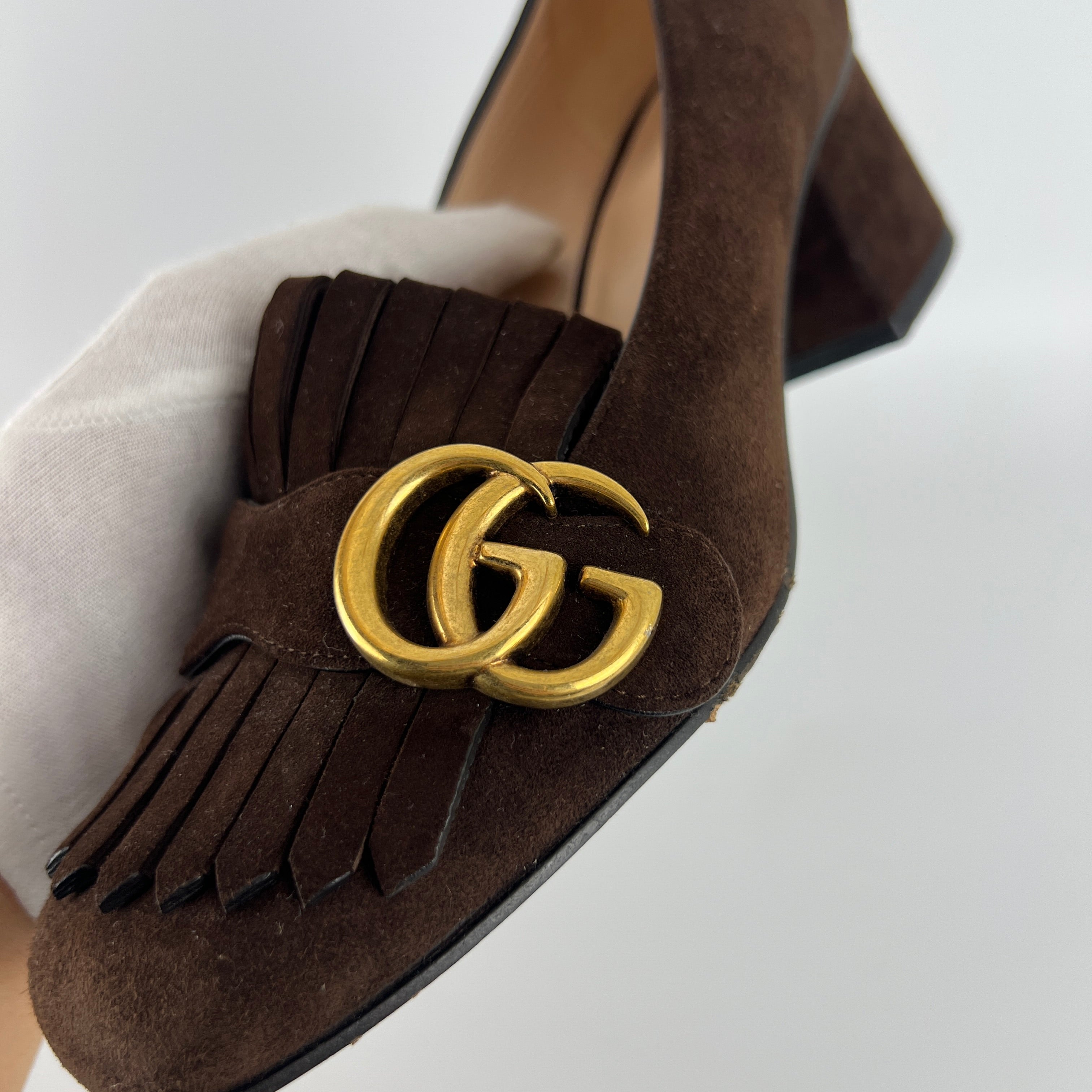 Gucci | Brown Marmont Suede Leather GG Logo Fringe Loafer Block Heel (35.5)