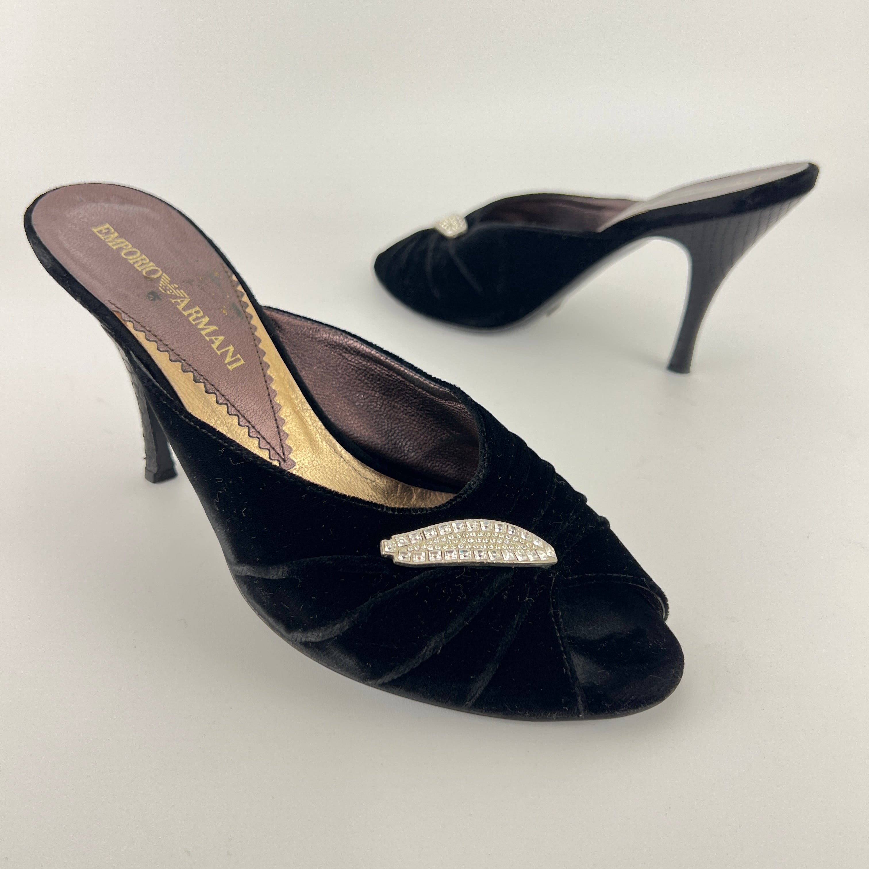 Armani | Black Velvet Crystal Brooch Slide Mules (39)