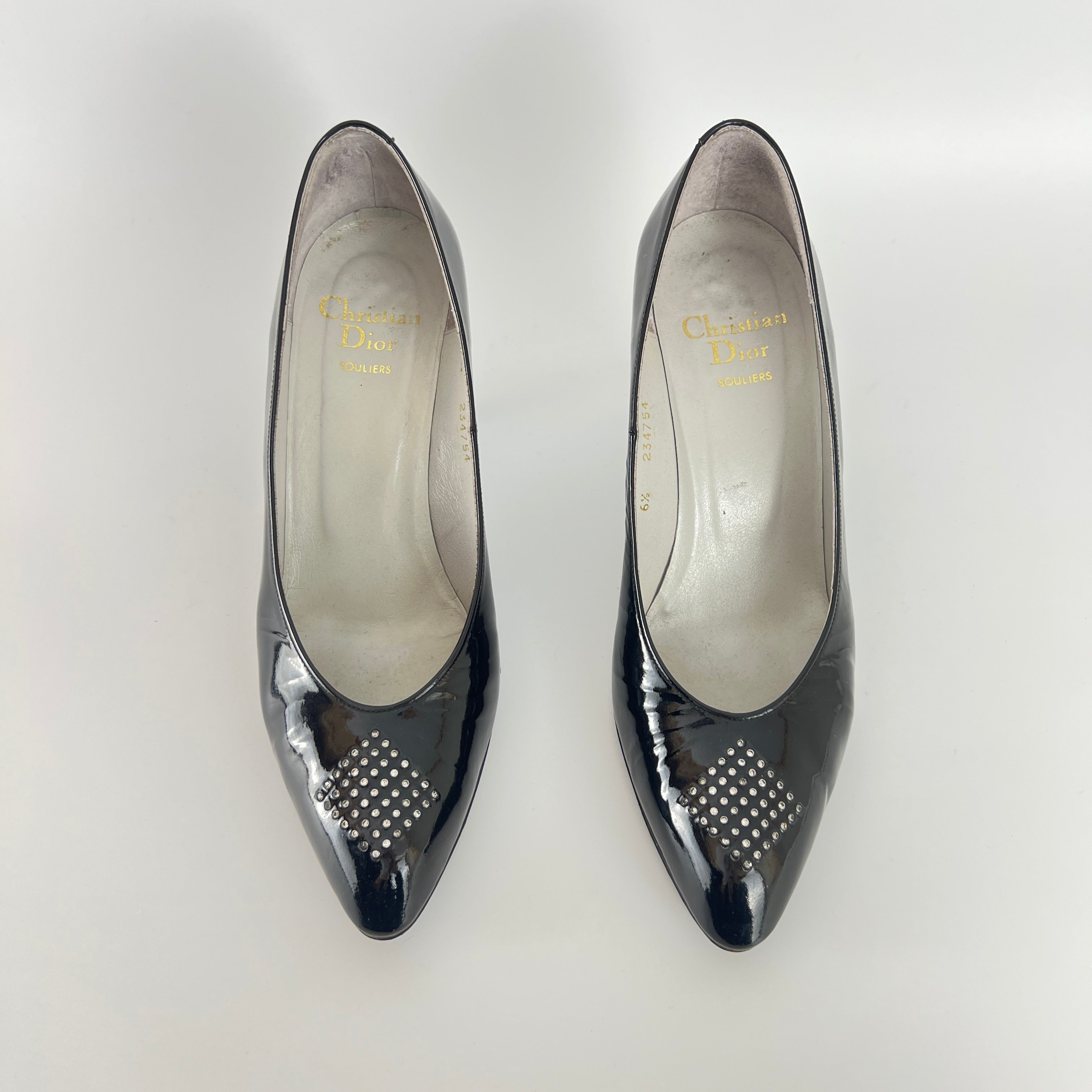 Dior | Vintage Black Patent Leather Rhinestone Pointed Toe Pumps (6.5)