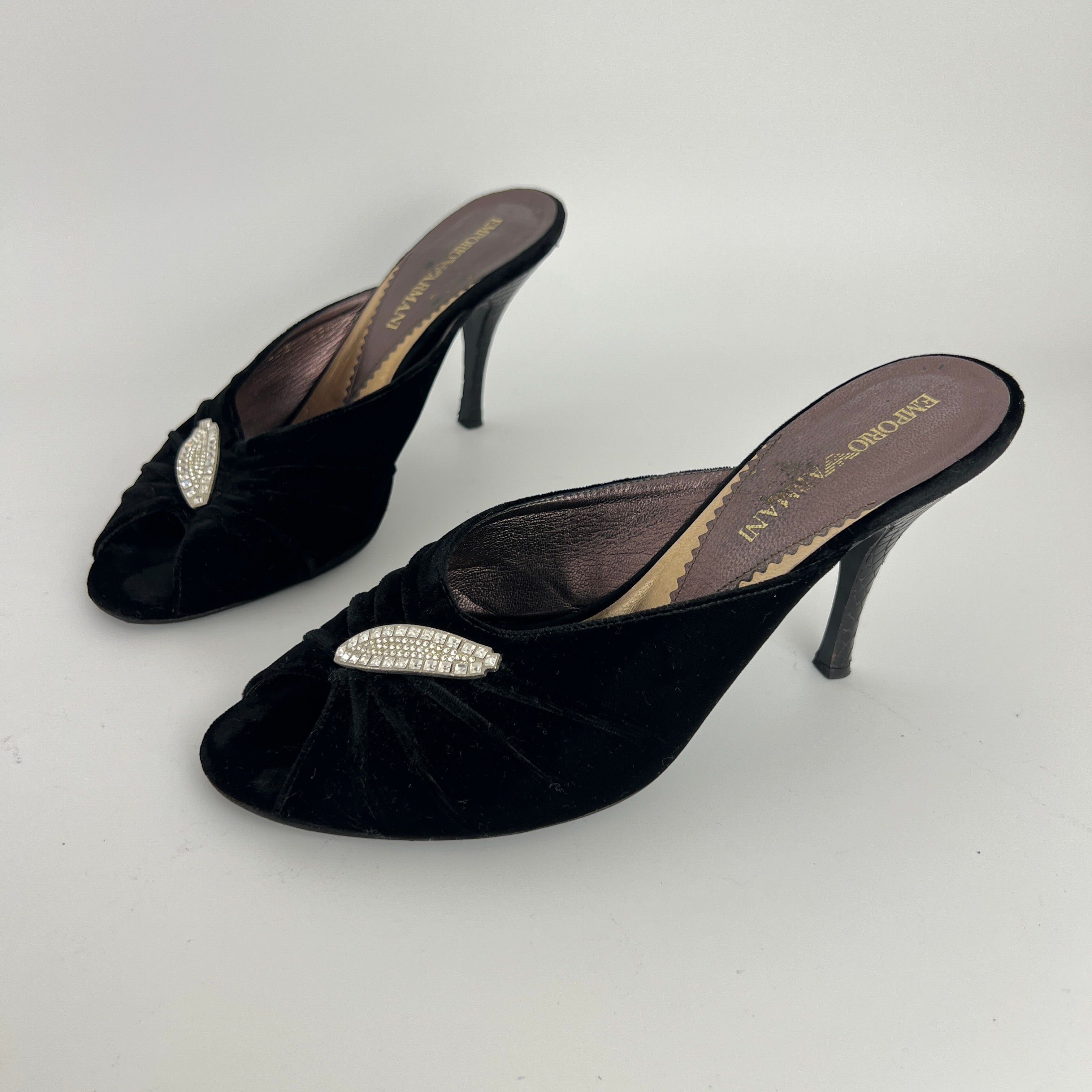 Armani | Black Velvet Crystal Brooch Slide Mules (39)