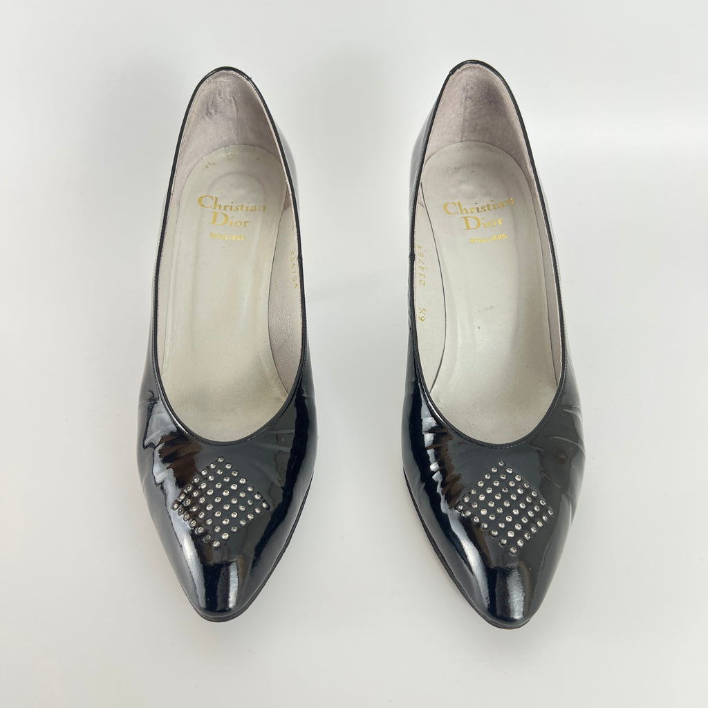 Dior | Vintage Black Patent Leather Rhinestone Pointed Toe Pumps (6.5)