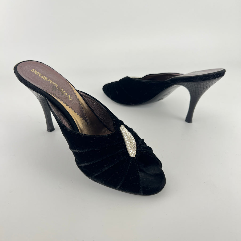 Armani | Black Velvet Crystal Brooch Slide Mules (39)
