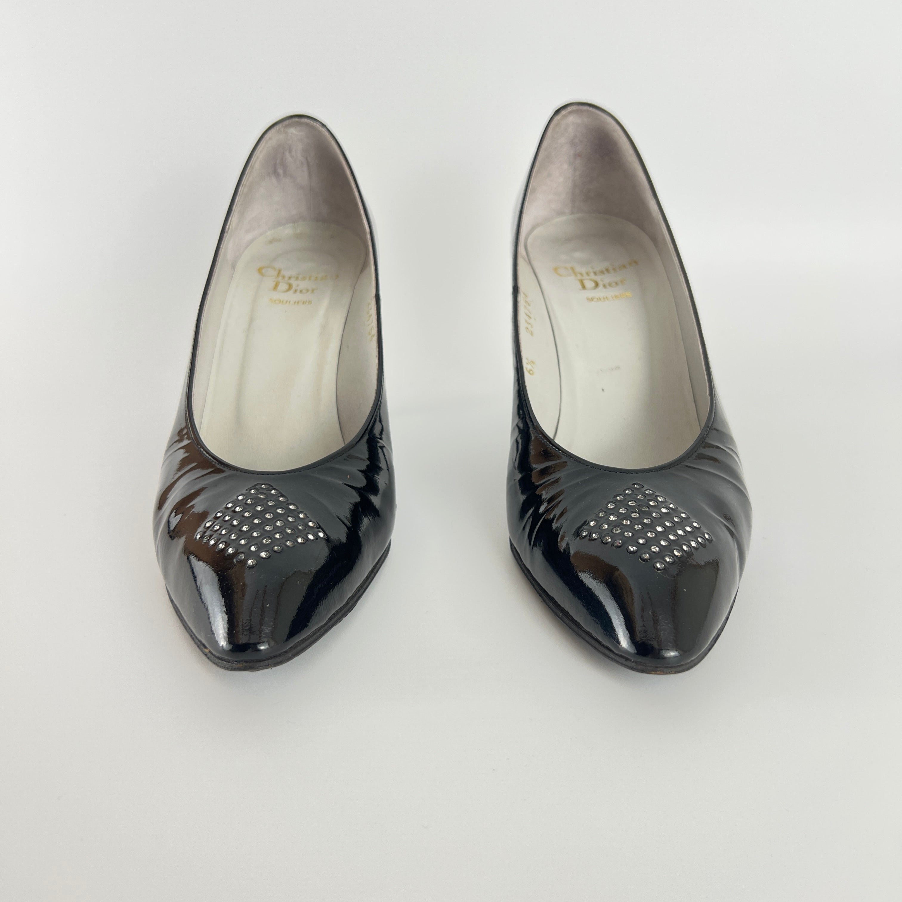 Dior | Vintage Black Patent Leather Rhinestone Pointed Toe Pumps (6.5)