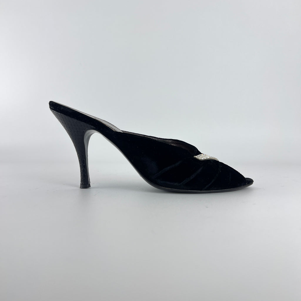 Armani | Black Velvet Crystal Brooch Slide Mules (39)