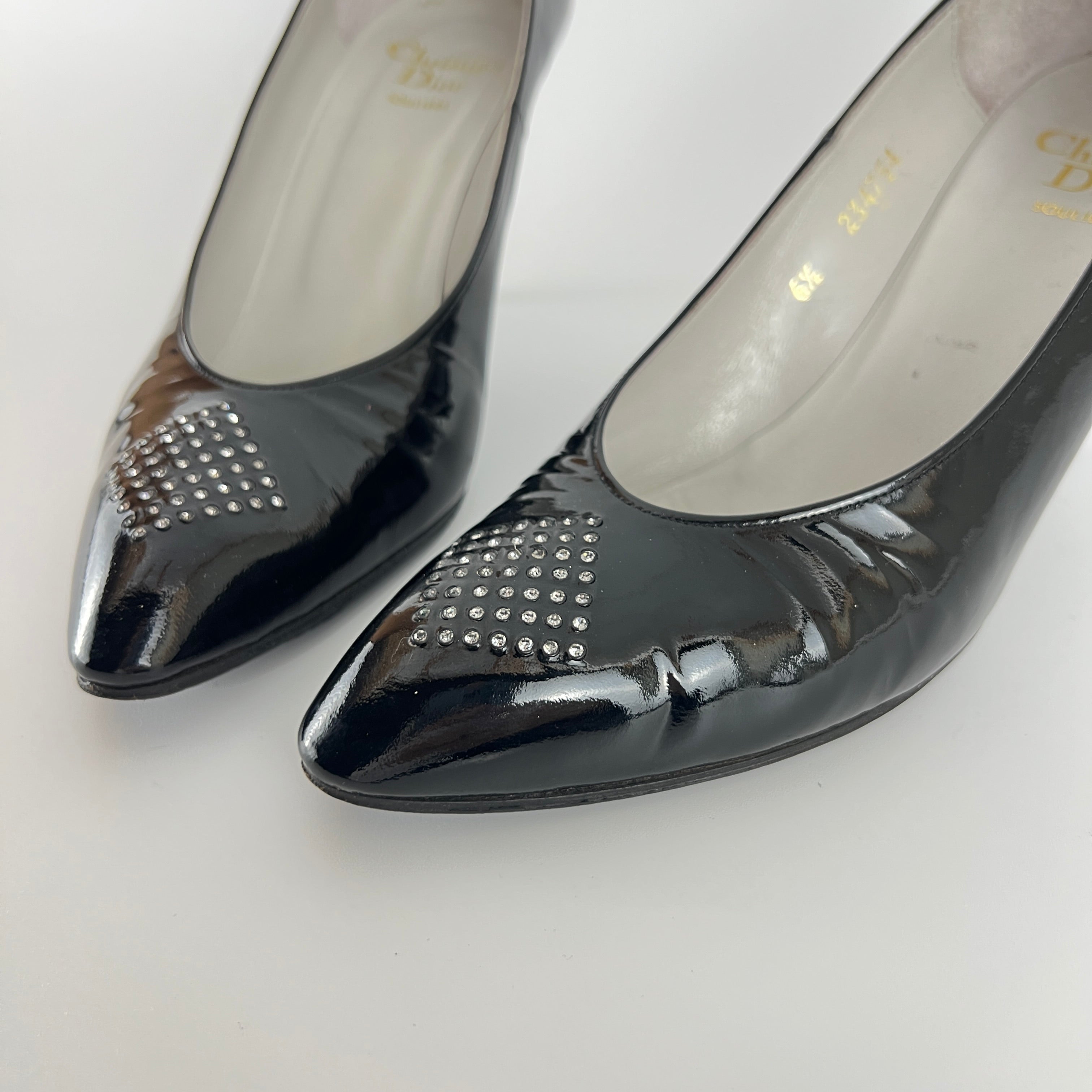 Dior | Vintage Black Patent Leather Rhinestone Pointed Toe Pumps (6.5)