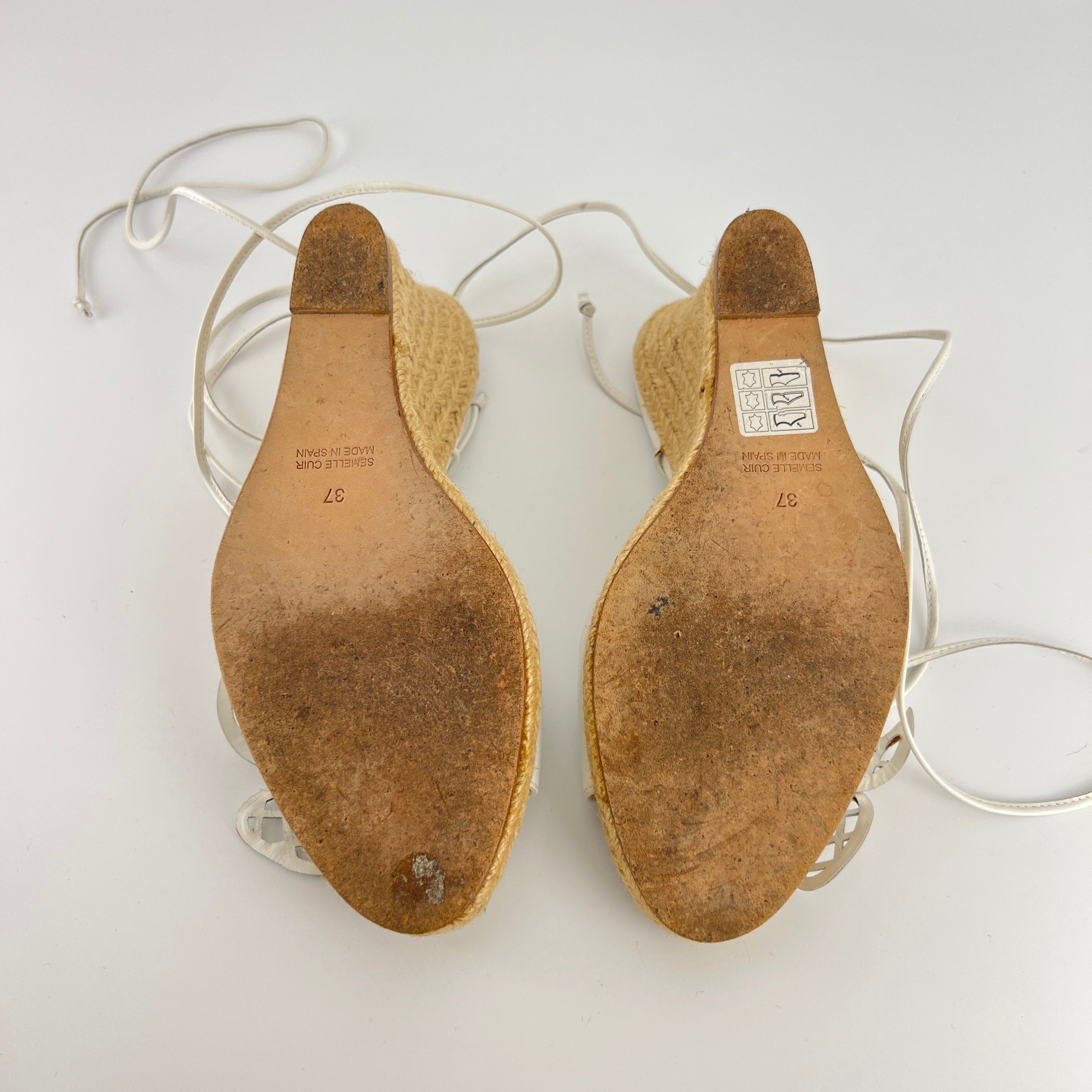Celine | White Leather Flower Lace Up Jute Wedge Heels (37)