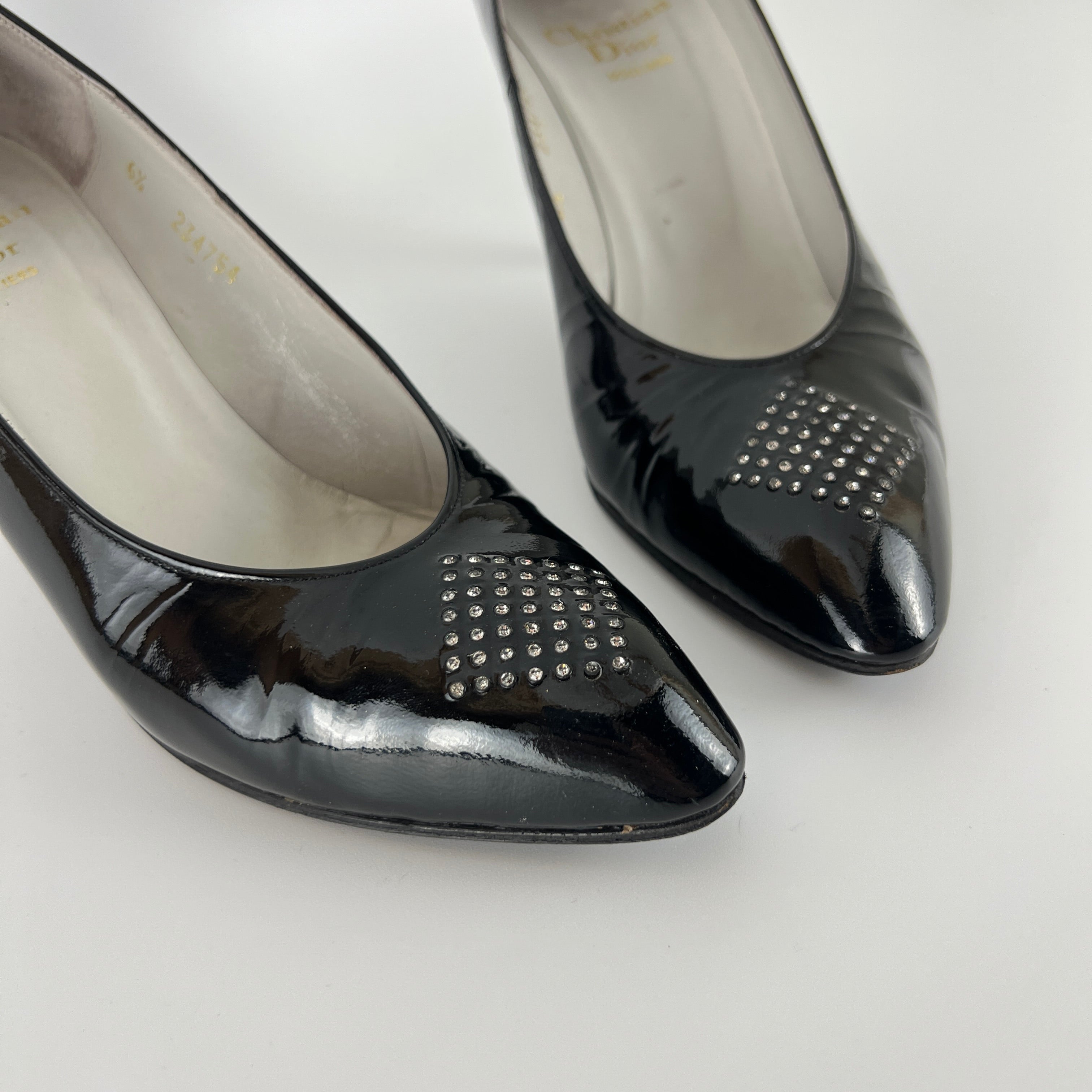Dior | Vintage Black Patent Leather Rhinestone Pointed Toe Pumps (6.5)