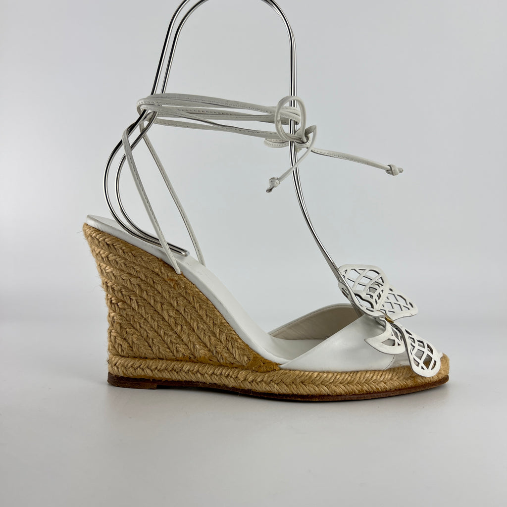 Celine | White Leather Flower Lace Up Jute Wedge Heels (37)