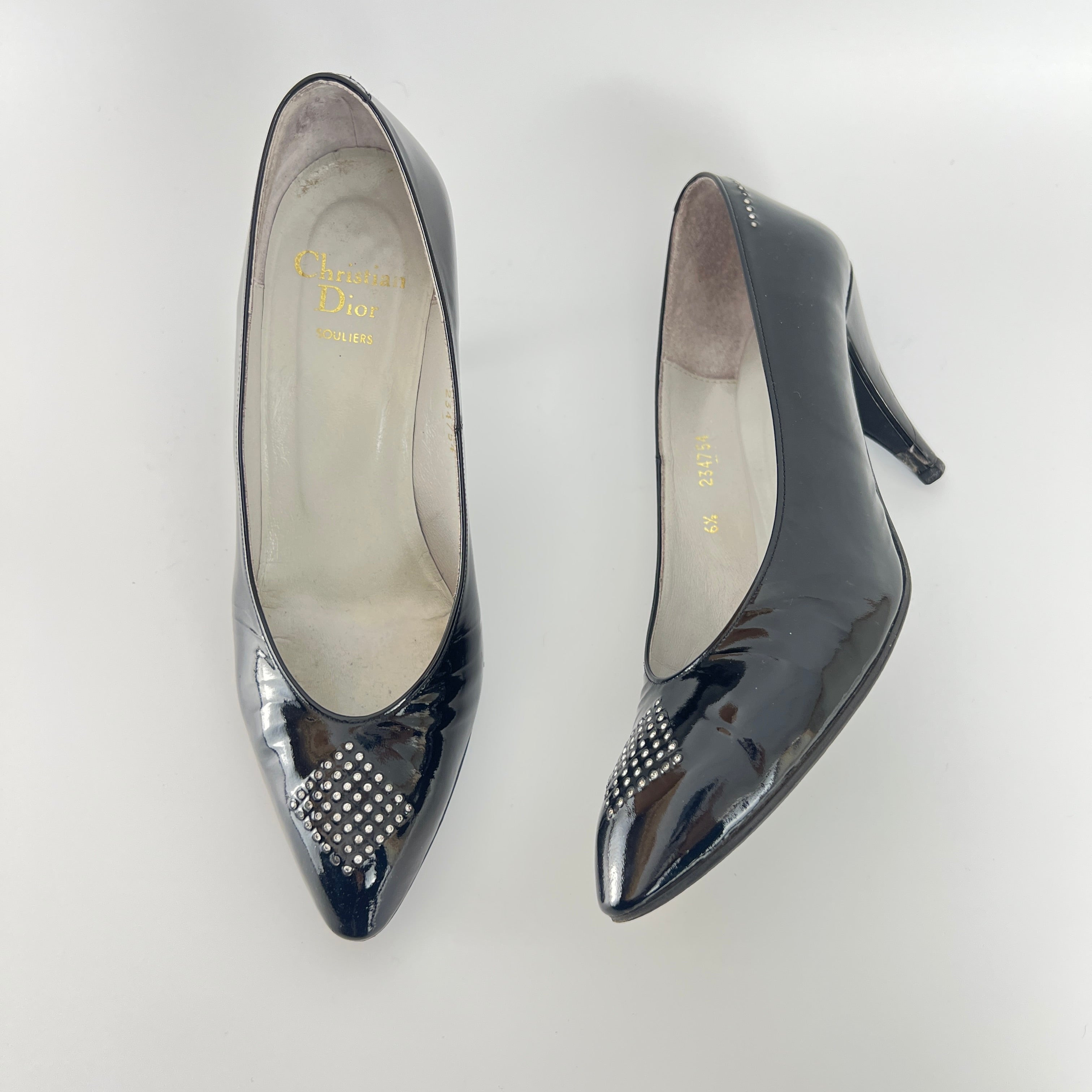 Dior | Vintage Black Patent Leather Rhinestone Pointed Toe Pumps (6.5)