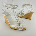 Celine | White Leather Flower Lace Up Jute Wedge Heels (37)