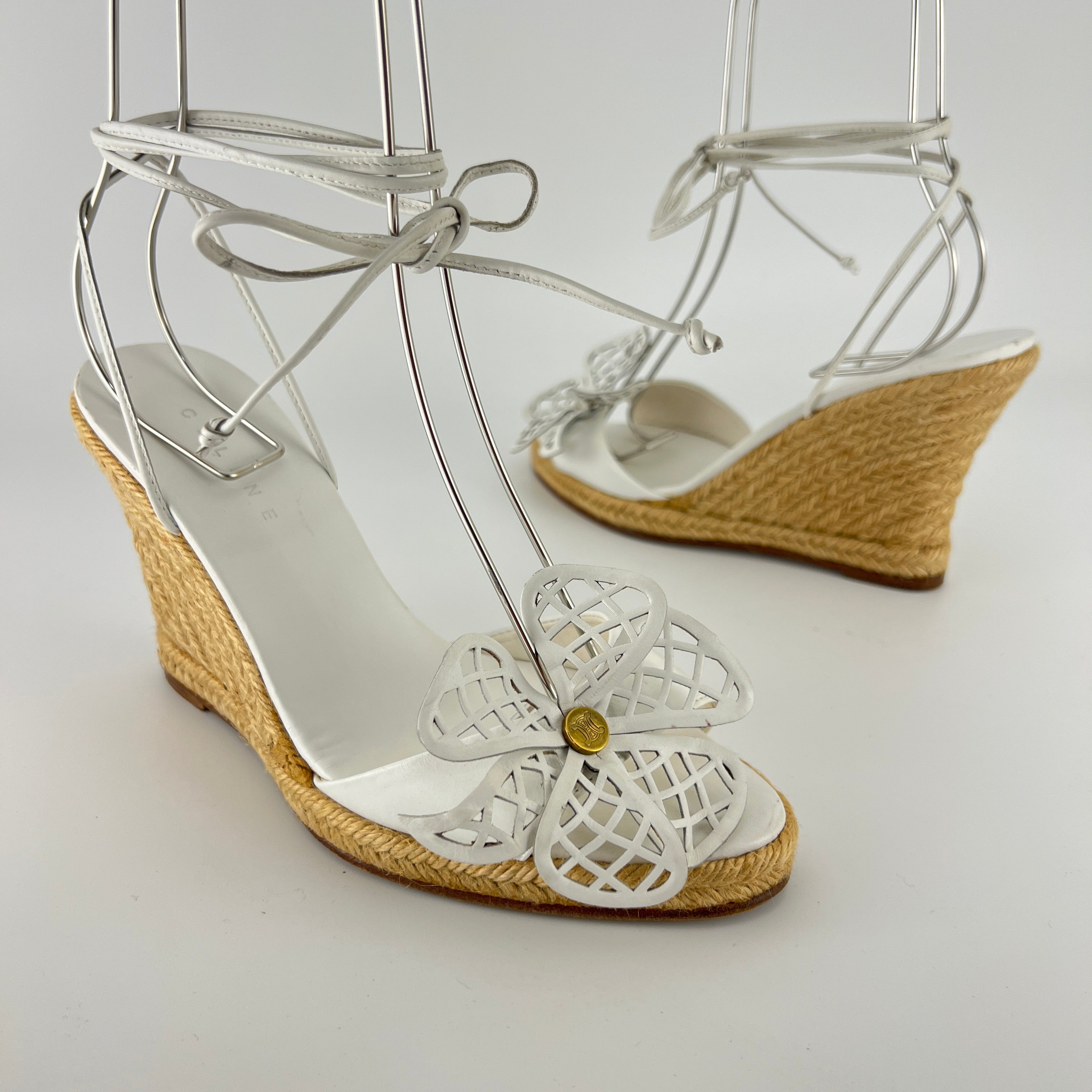 Celine | White Leather Flower Lace Up Jute Wedge Heels (37)