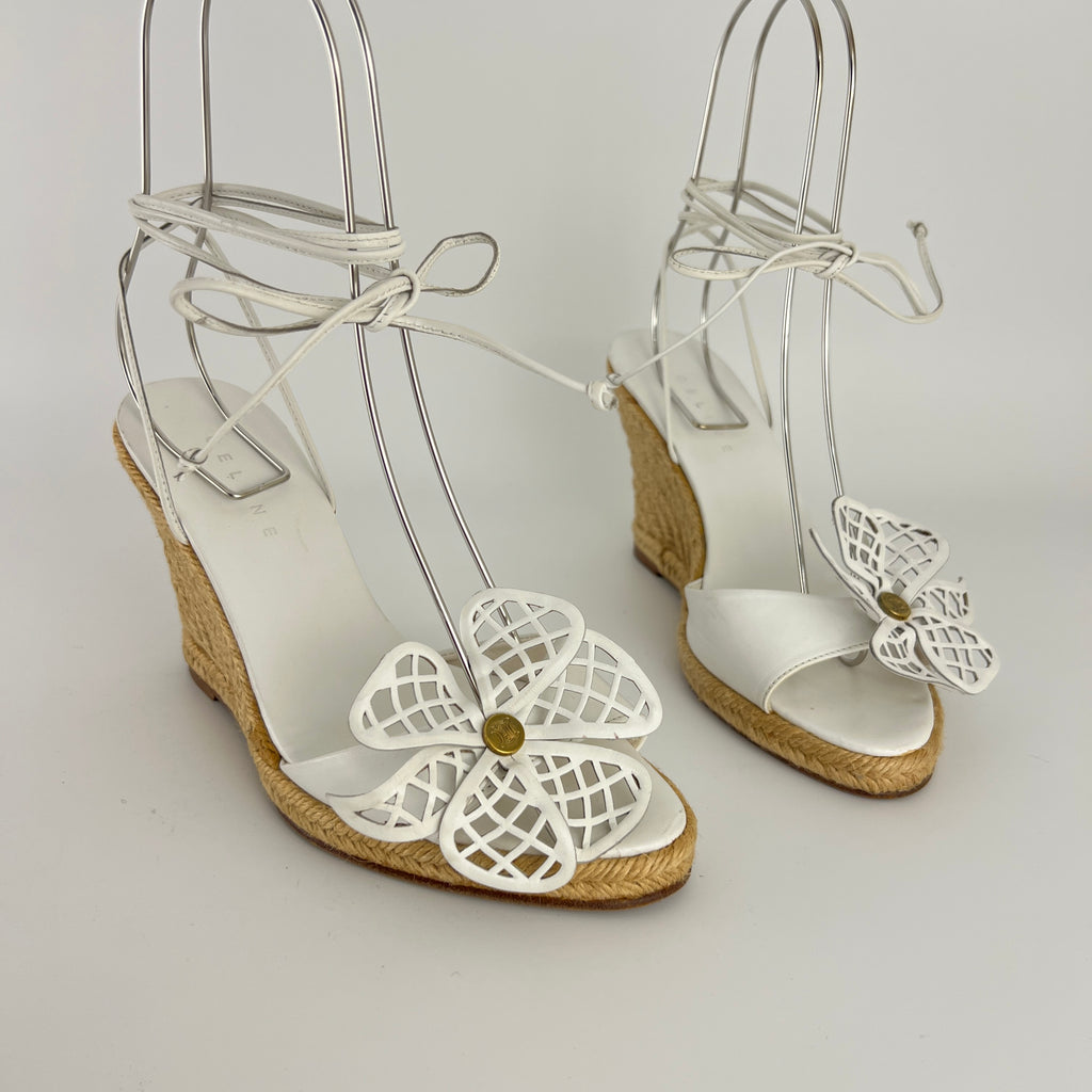 Celine | White Leather Flower Lace Up Jute Wedge Heels (37)