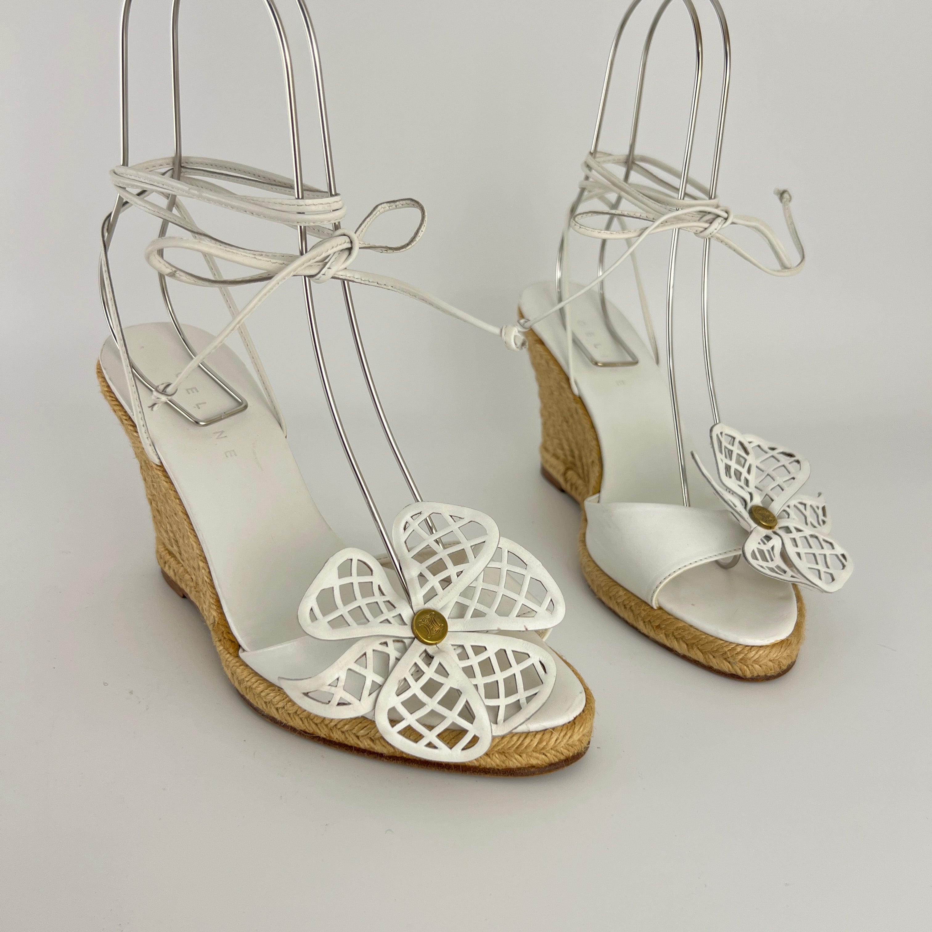 Celine | White Leather Flower Lace Up Jute Wedge Heels (37)