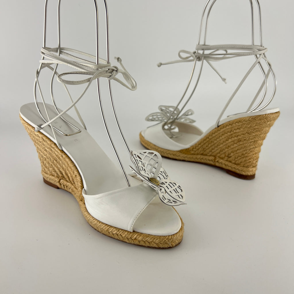 Celine | White Leather Flower Lace Up Jute Wedge Heels (37)
