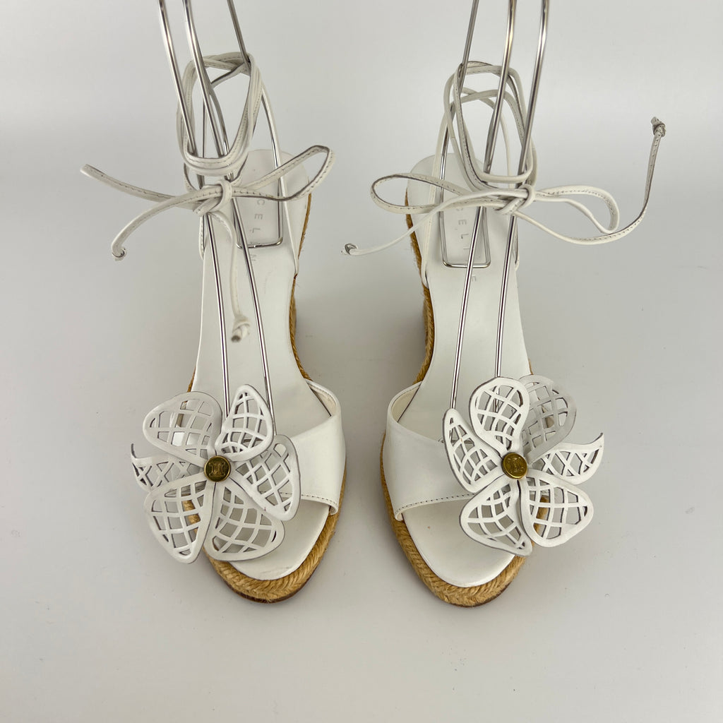 Celine | White Leather Flower Lace Up Jute Wedge Heels (37)