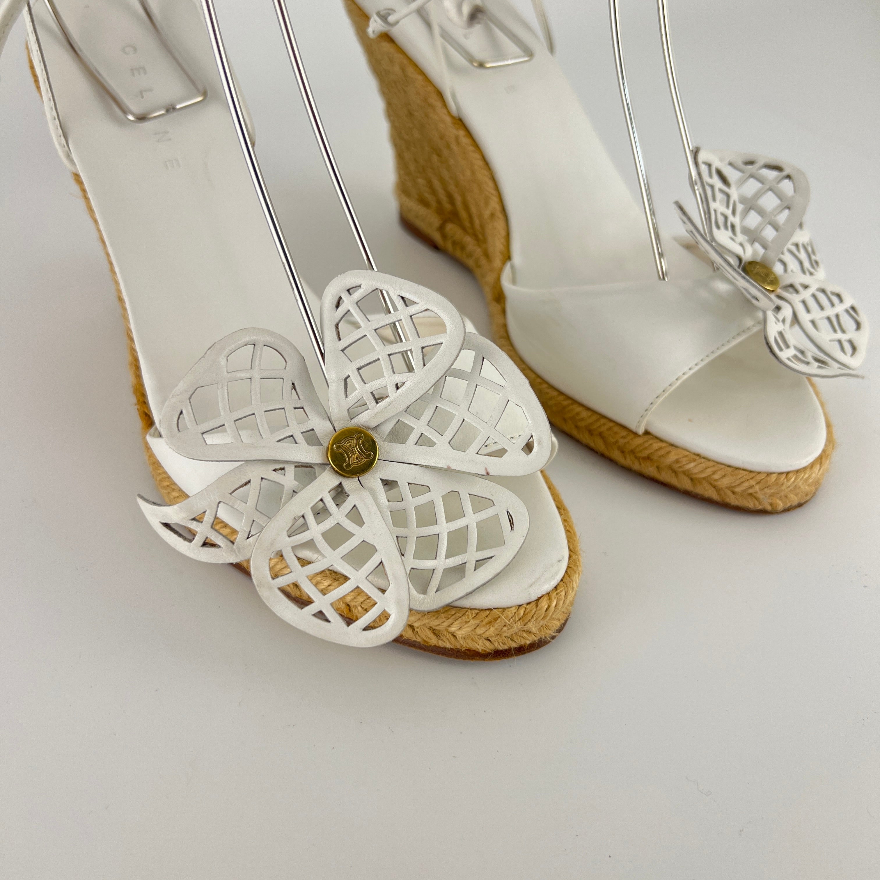 Celine | White Leather Flower Lace Up Jute Wedge Heels (37)