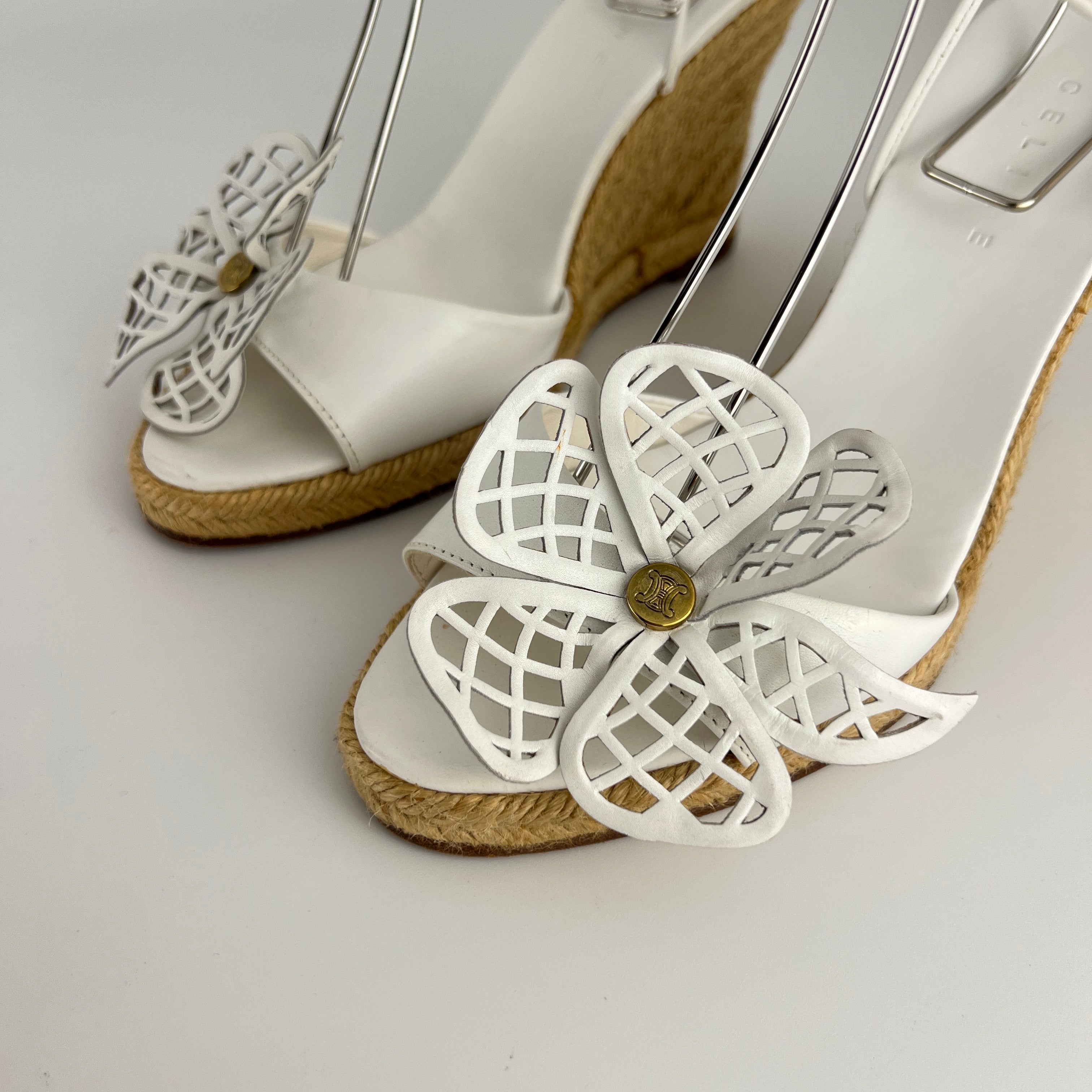 Celine | White Leather Flower Lace Up Jute Wedge Heels (37)