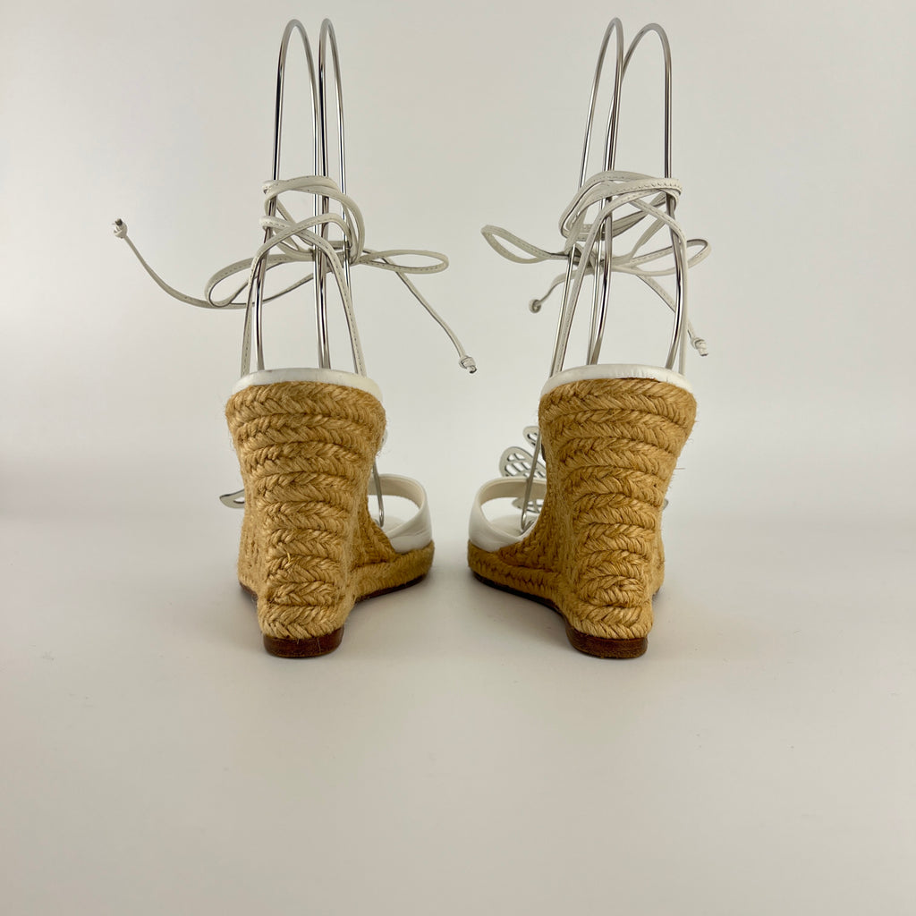 Celine | White Leather Flower Lace Up Jute Wedge Heels (37)