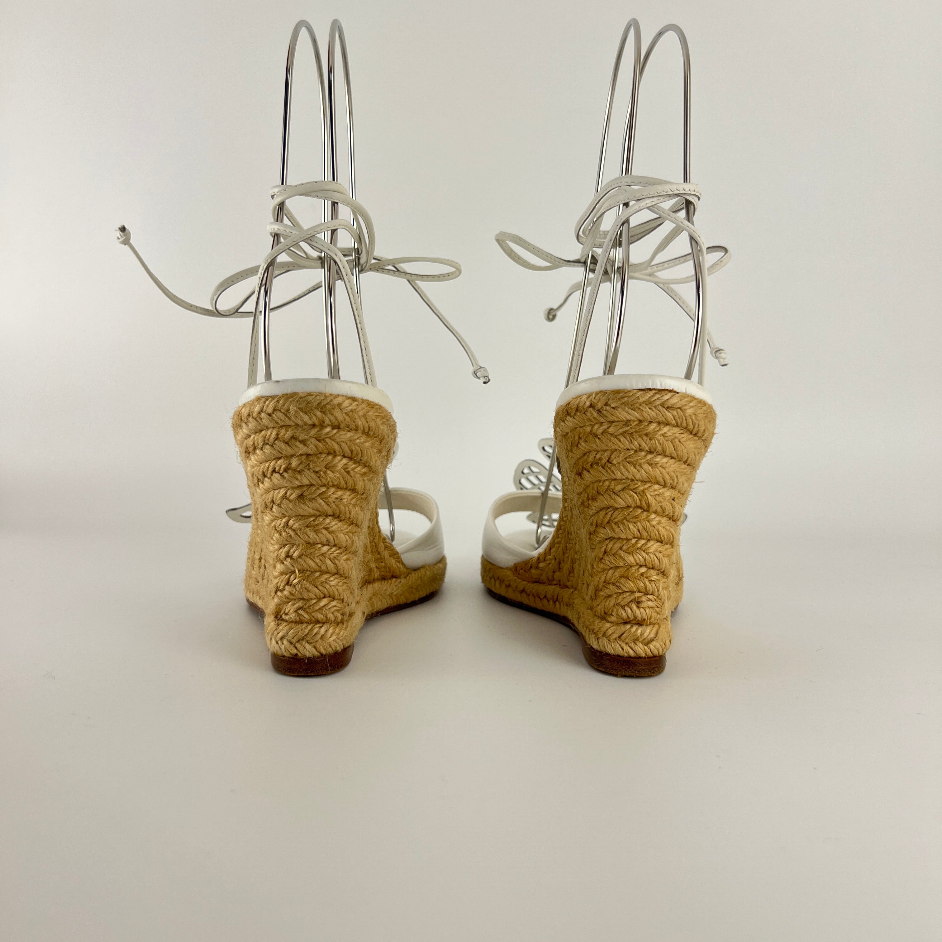 Celine | White Leather Flower Lace Up Jute Wedge Heels (37)