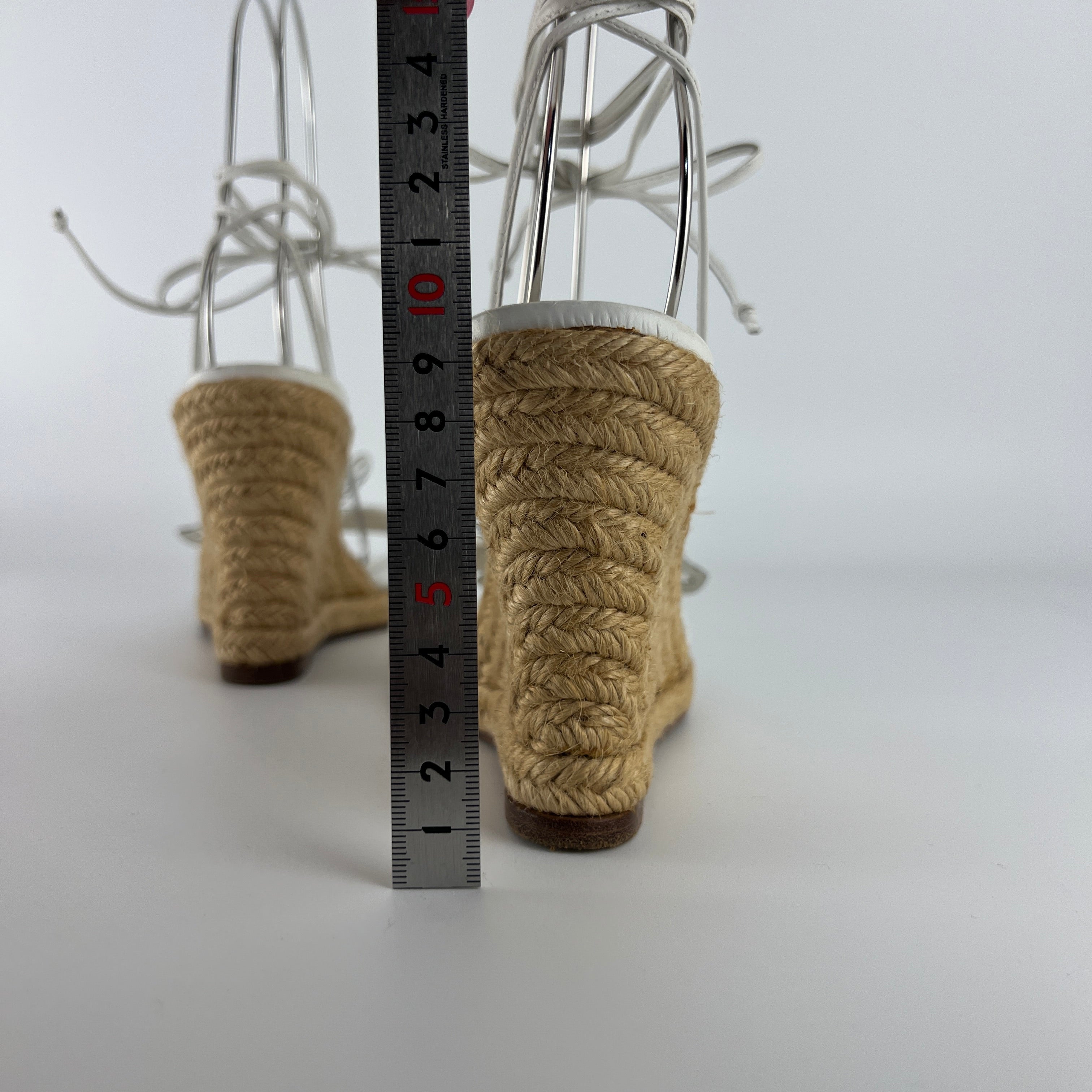 Celine | White Leather Flower Lace Up Jute Wedge Heels (37)