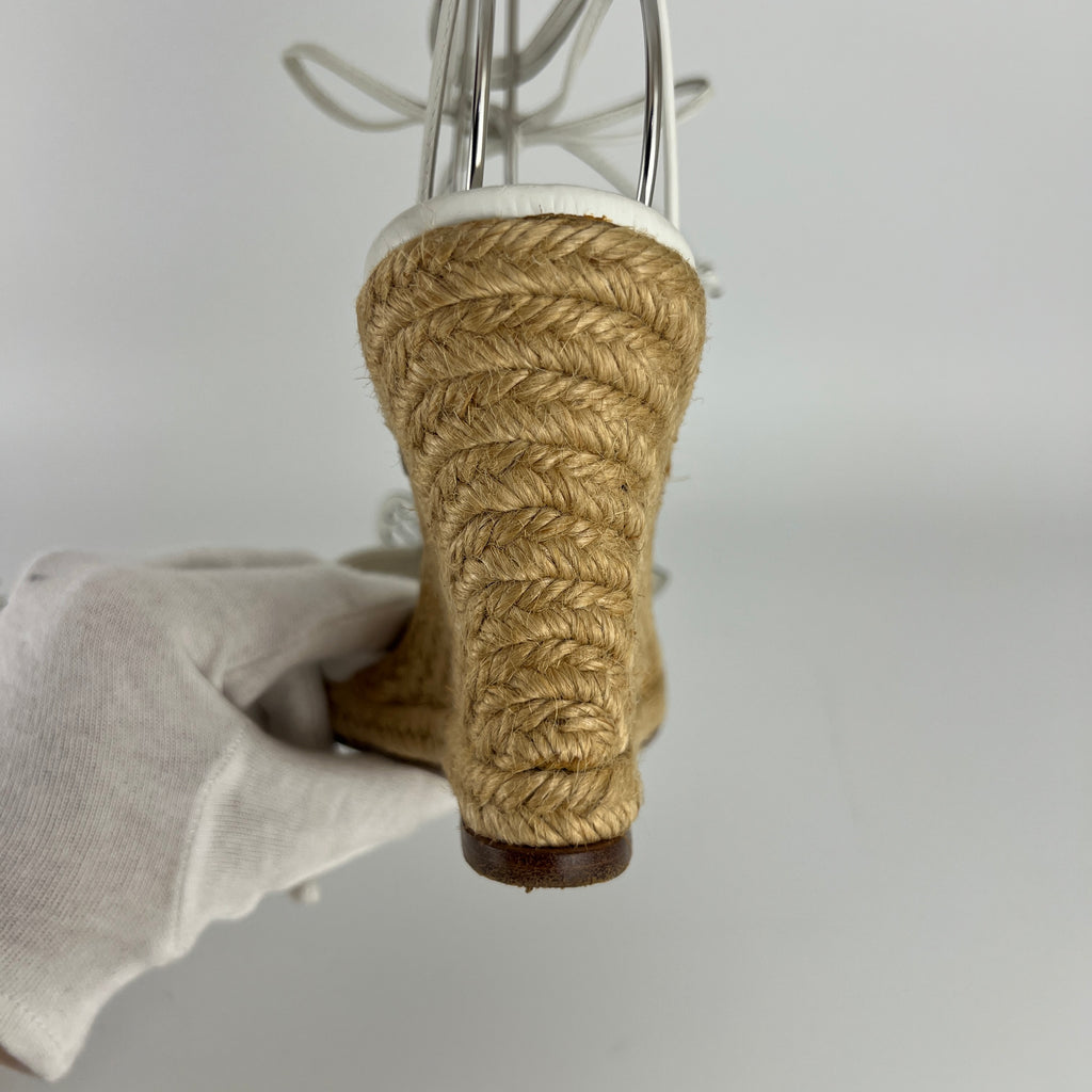 Celine | White Leather Flower Lace Up Jute Wedge Heels (37)