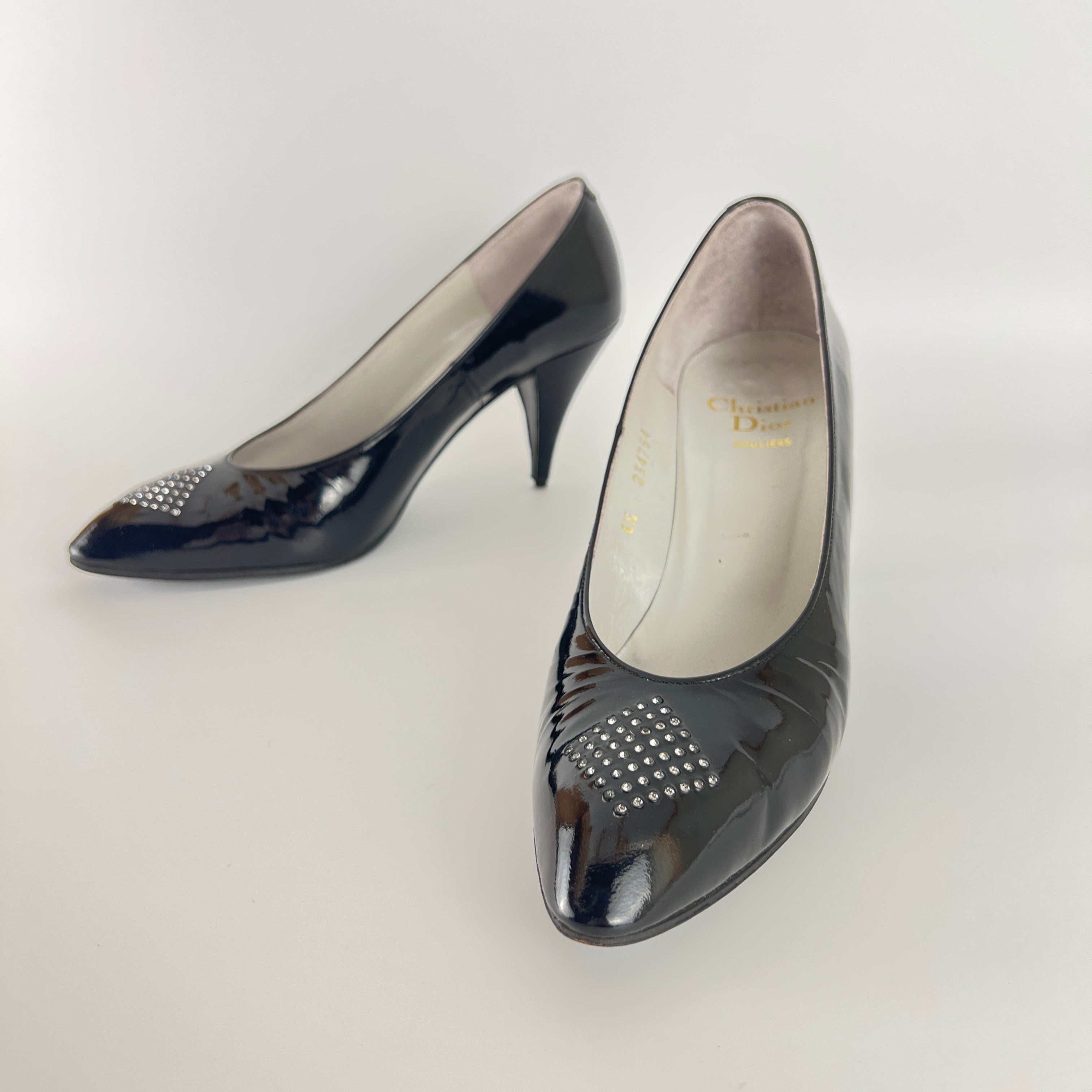 Dior | Vintage Black Patent Leather Rhinestone Pointed Toe Pumps (6.5)