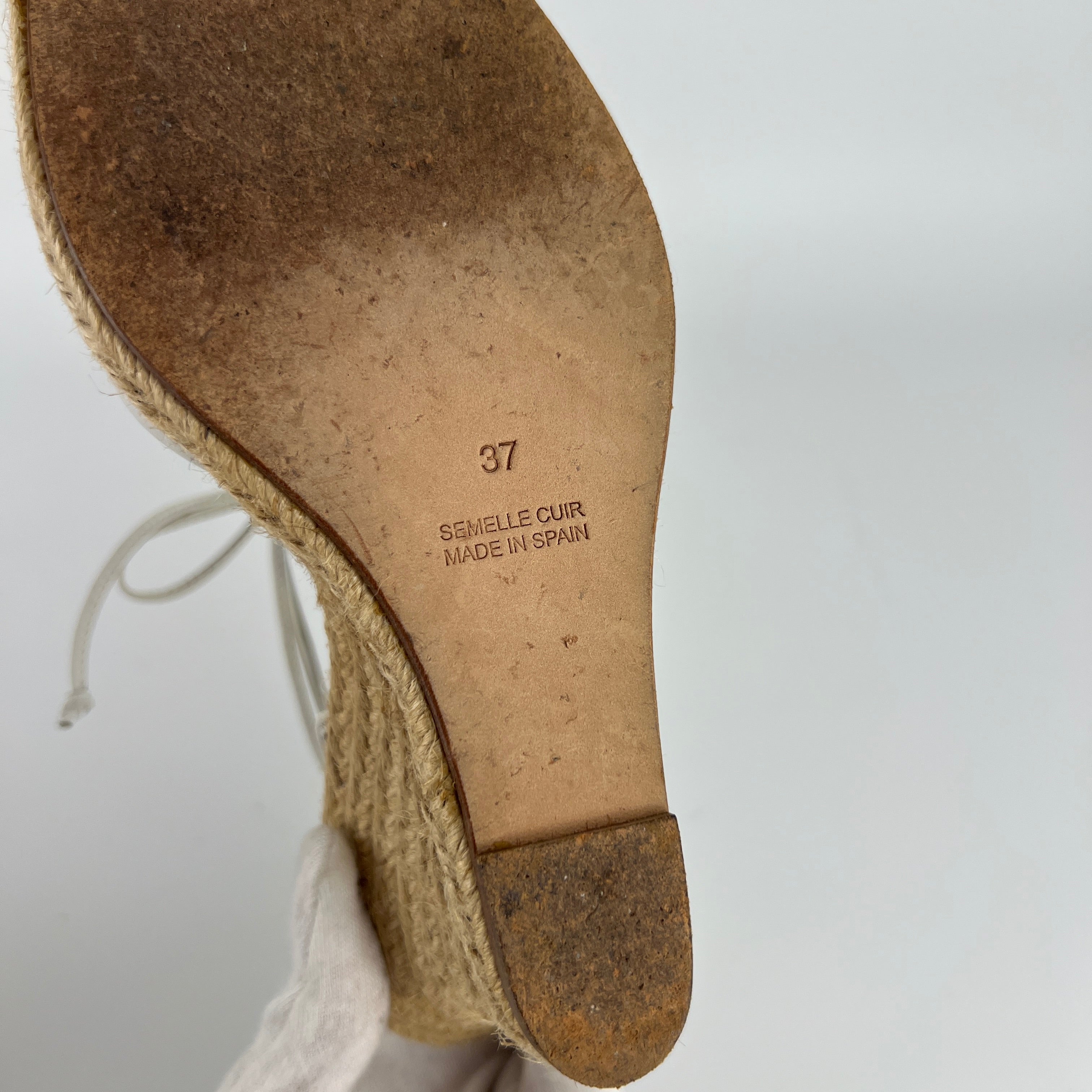 Celine | White Leather Flower Lace Up Jute Wedge Heels (37)