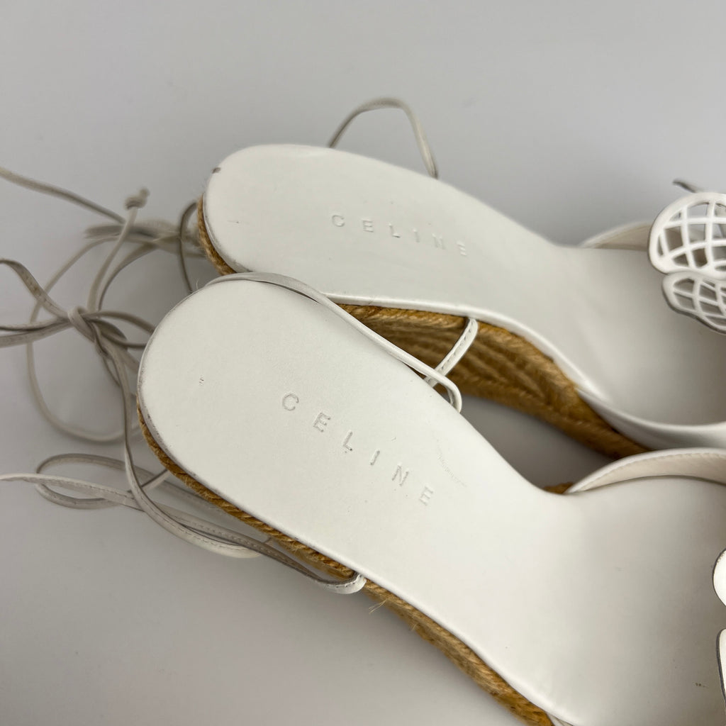 Celine | White Leather Flower Lace Up Jute Wedge Heels (37)