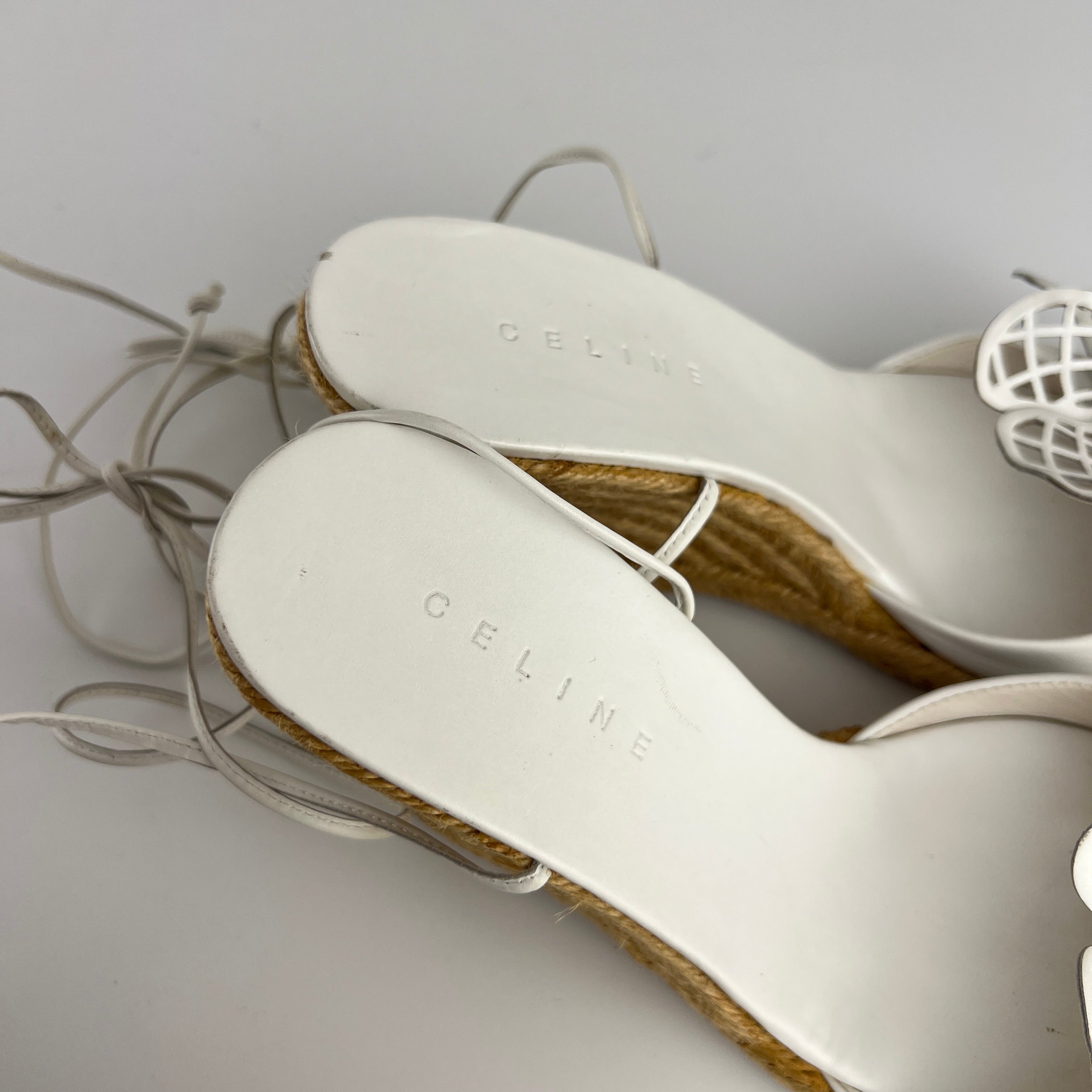Celine | White Leather Flower Lace Up Jute Wedge Heels (37)